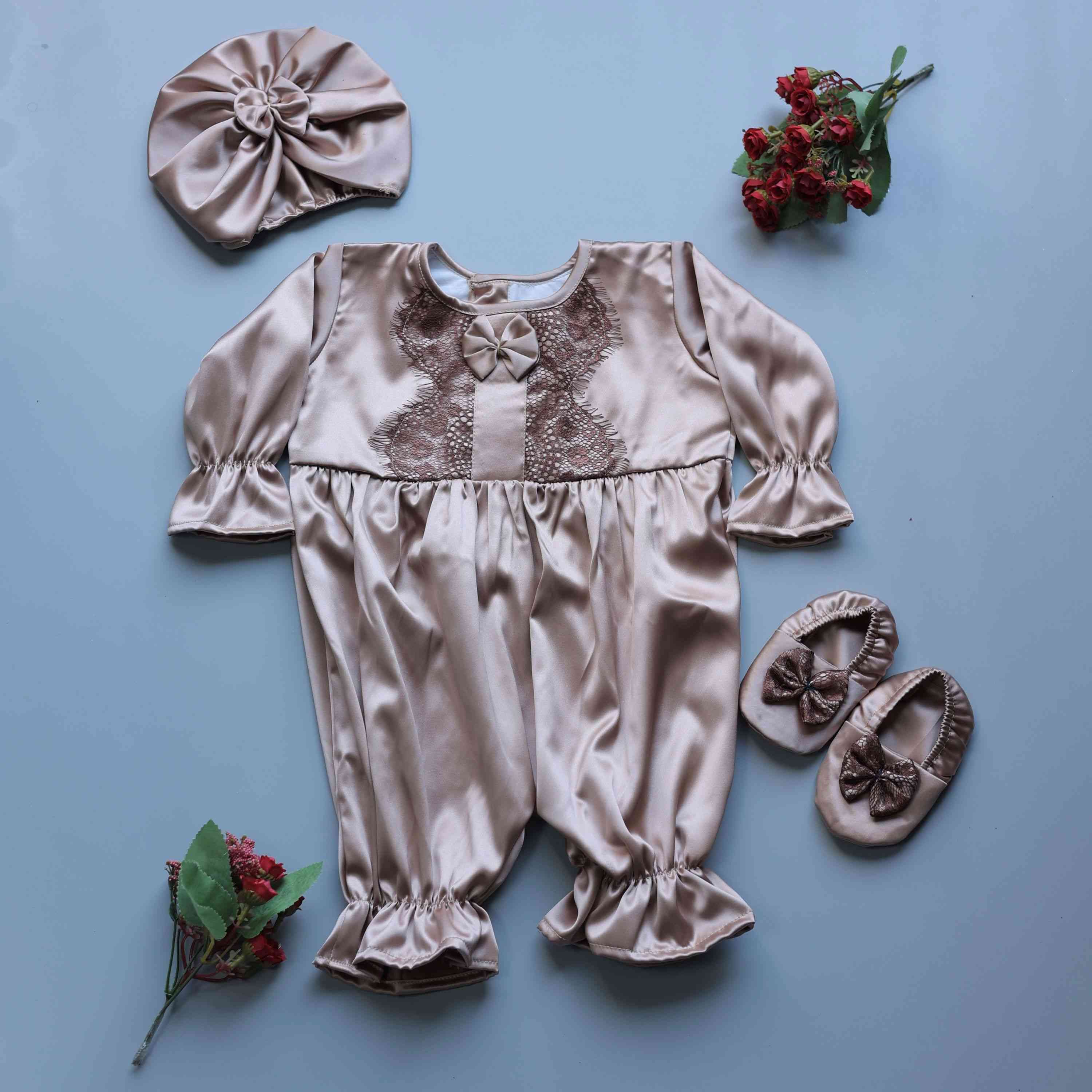 Little Luxe Gold Satin Romper and Turban Set