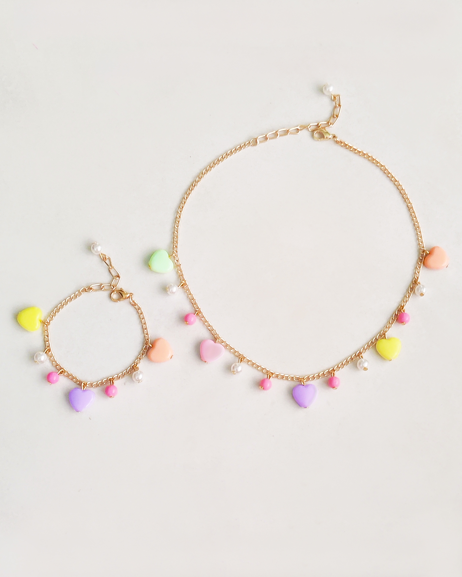 Hearts Delight Necklace, Bracelet Set - Pink, Yellow, Lilac