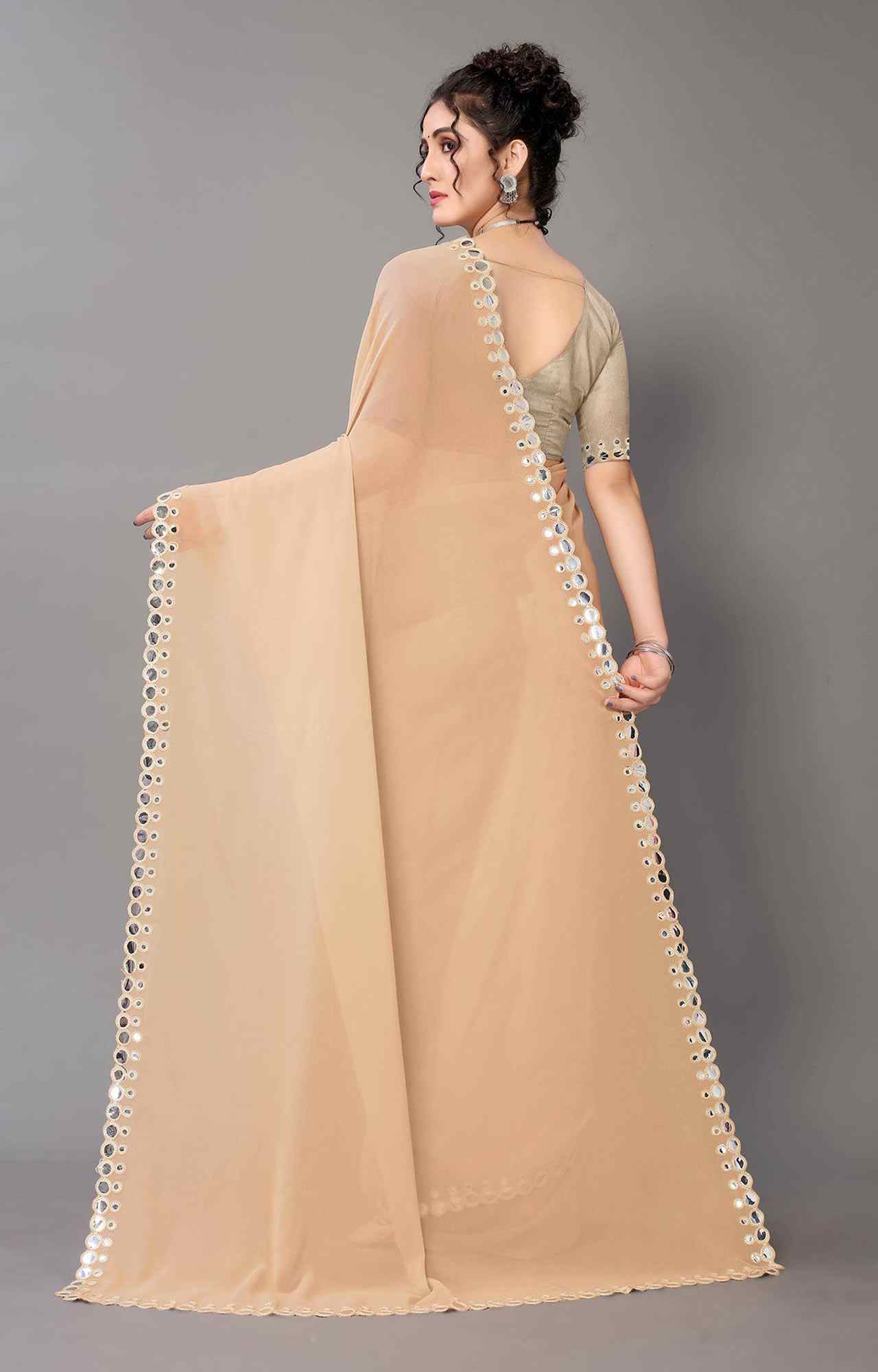 Women Cream Solid Georgette Saree with Mirror Work Border - HA_VASTRA_CREAM