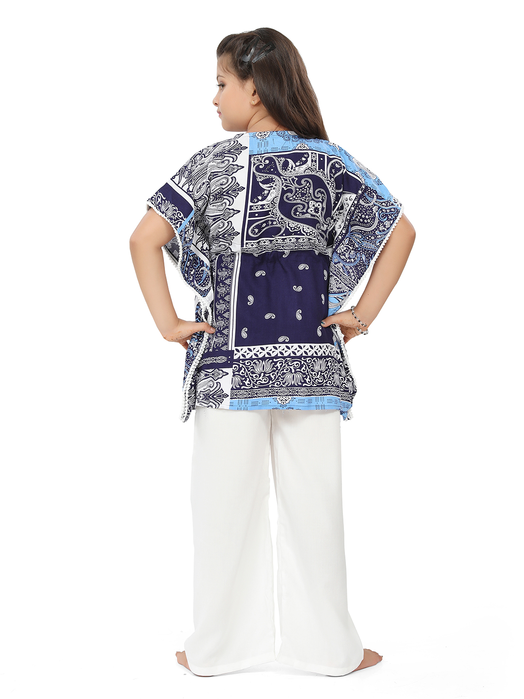 Ninos Dreams Girls Cotton Rayon Kaftan with Palazzo Lounge Set-Blue & White