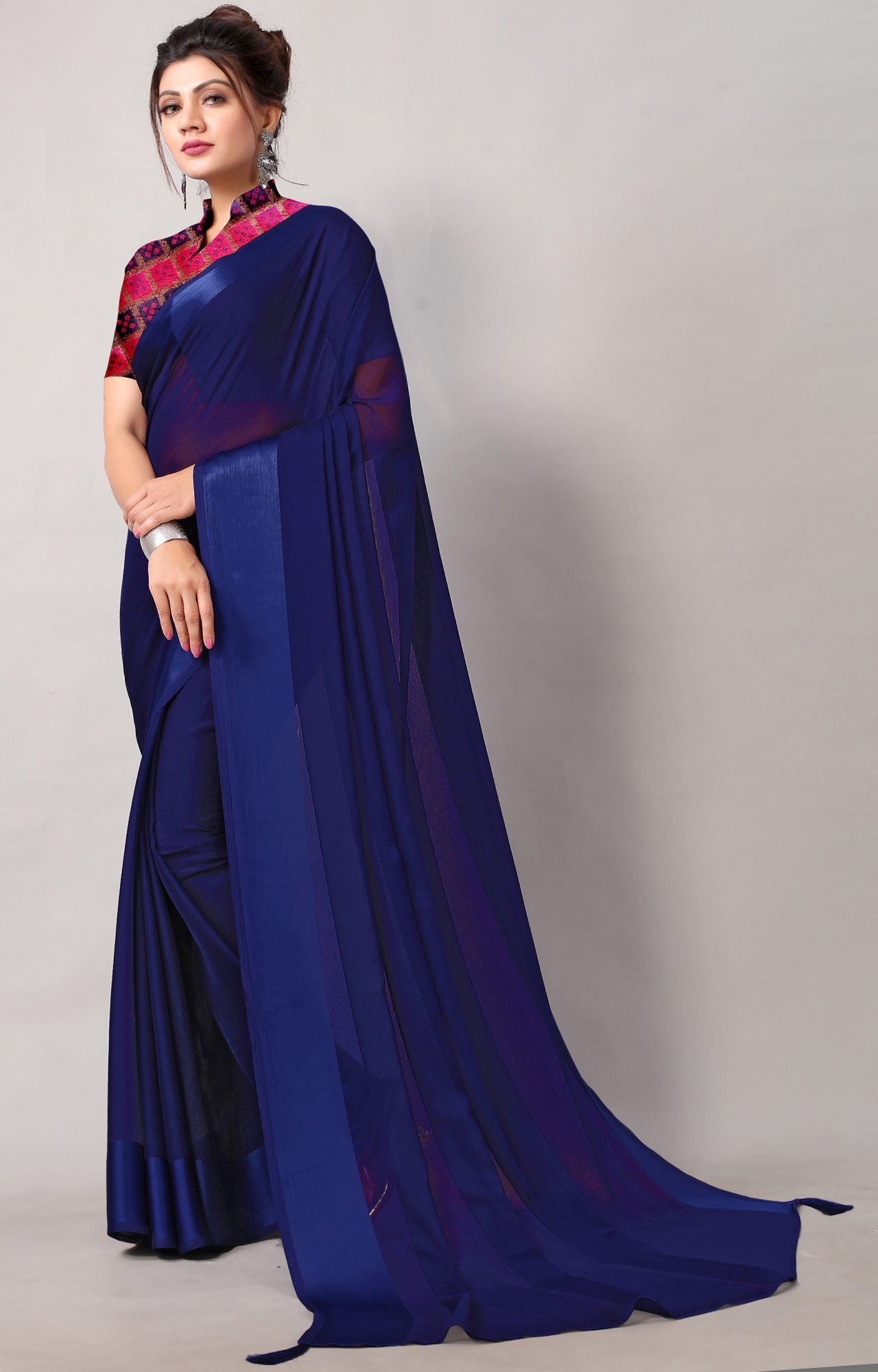 SHAILY RETAILS | Women Dark Blue Chiffon Party Wear Solid Saree-HACFNSTNBDR1079BLUE 2