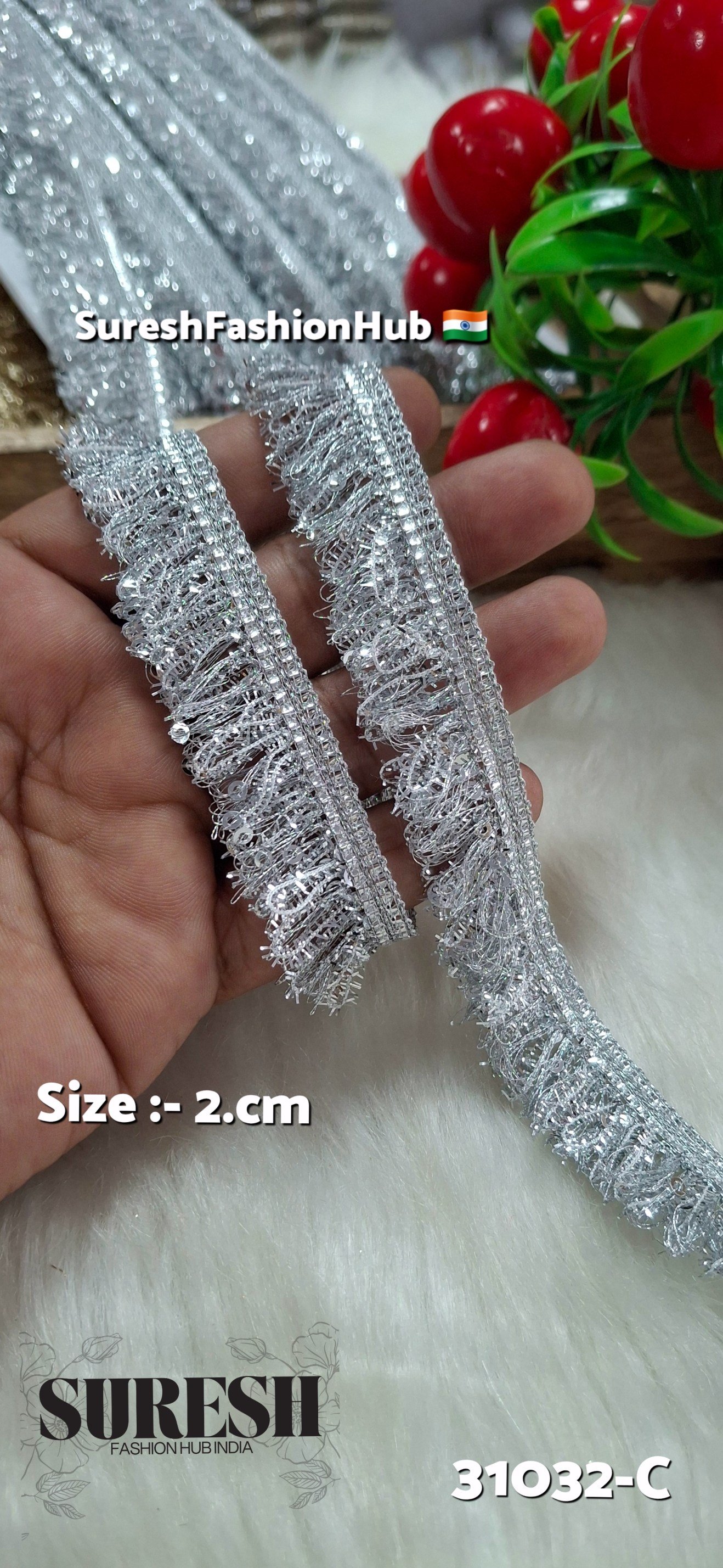 Silver Zari Feather Sequin Fringe Lace – Design 31032-C
