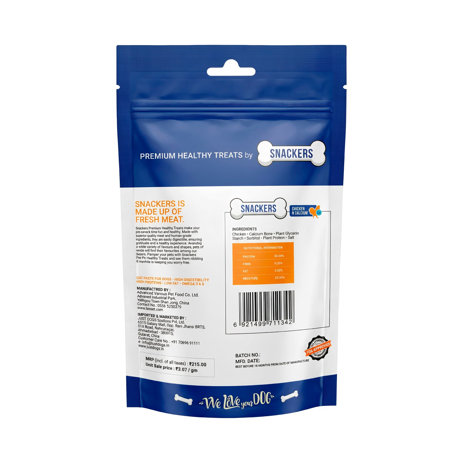 Snackers Chicken N Calcium Dog Treats, 70 g