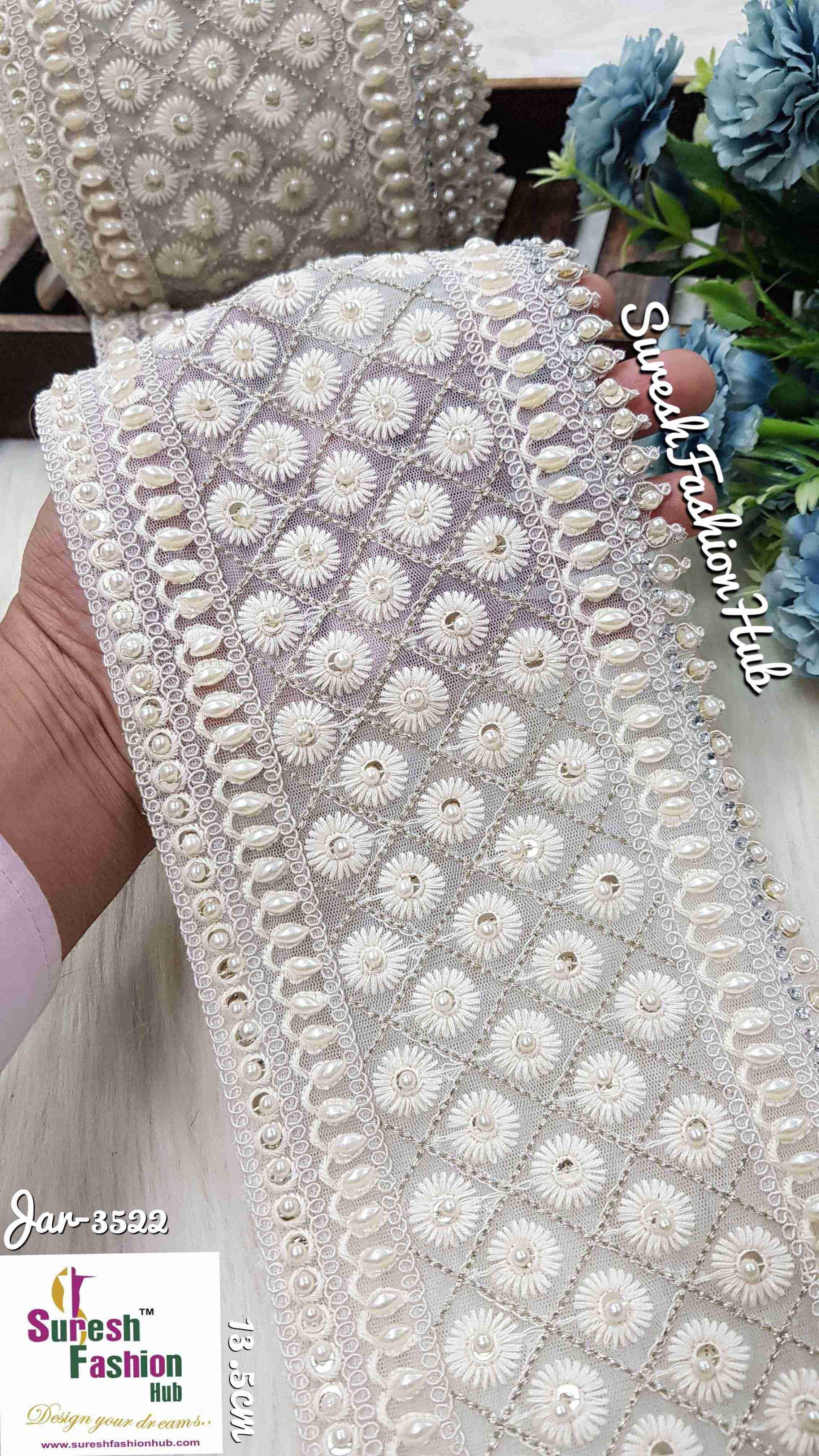  Pearl and Crystal Embellished Lace Fabric