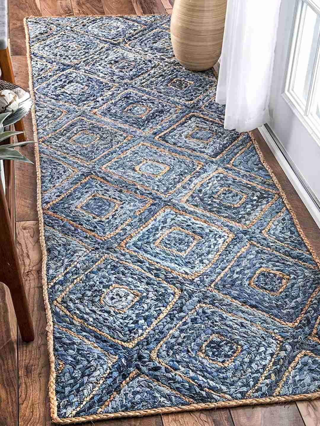 Handwoven Denim & Jute Diamond Pattern Rug – Eco-Friendly Blue Geometric Area Rug for Nursery, Living Room & Modern Interiors