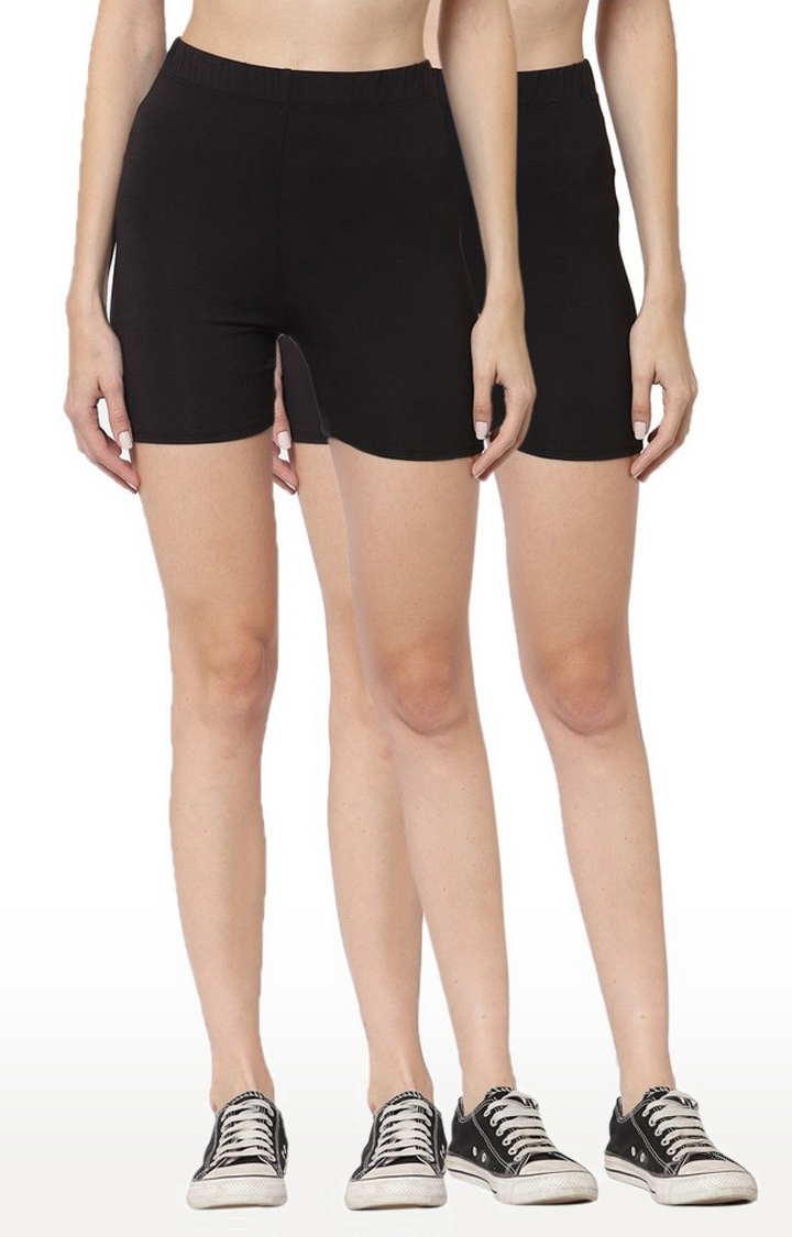 YOONOY | Women's Black Lycra Solid Shorts(Pack of 2)