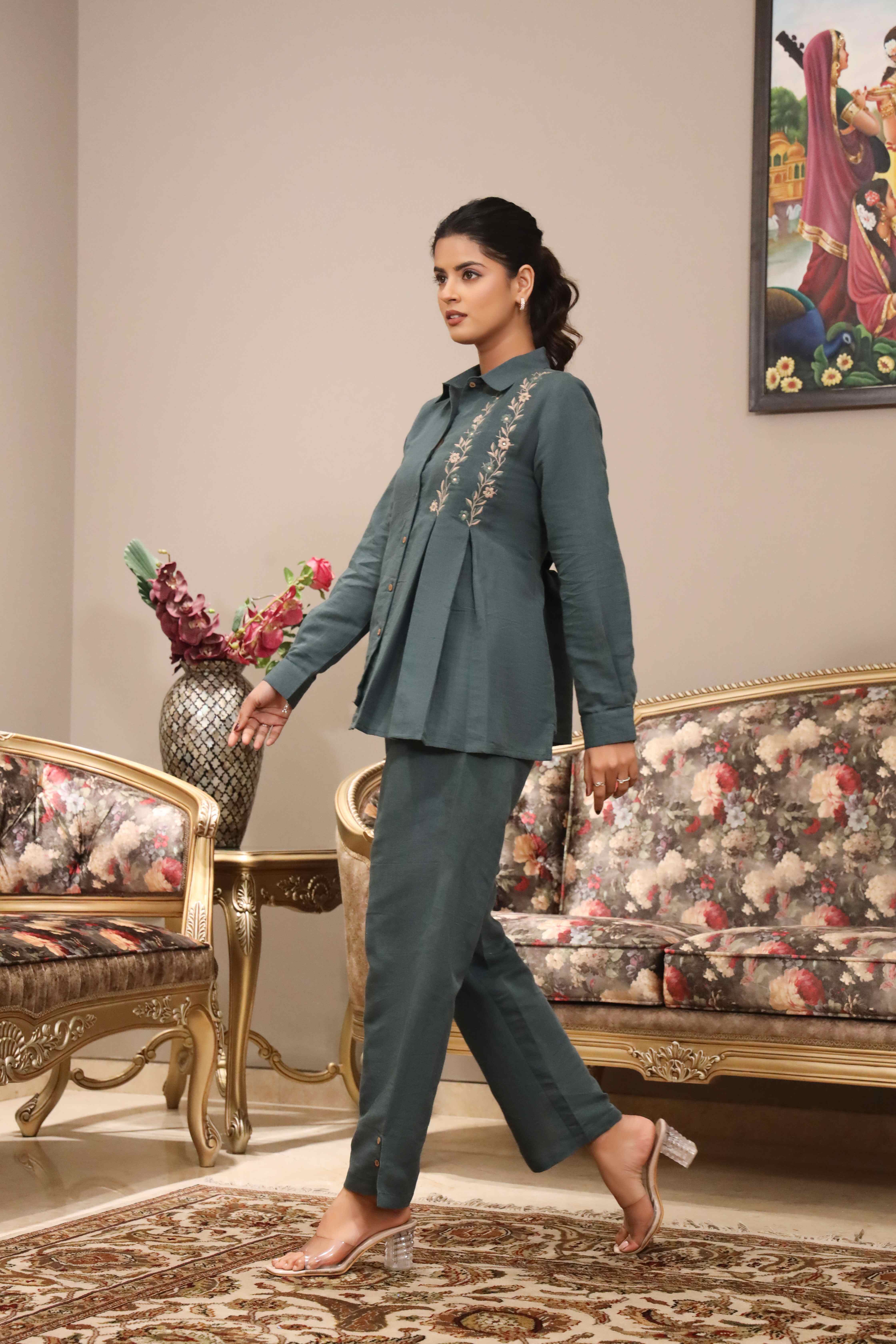 WOMEN'S OLIVE COTTON SLUB CO-ORD SET