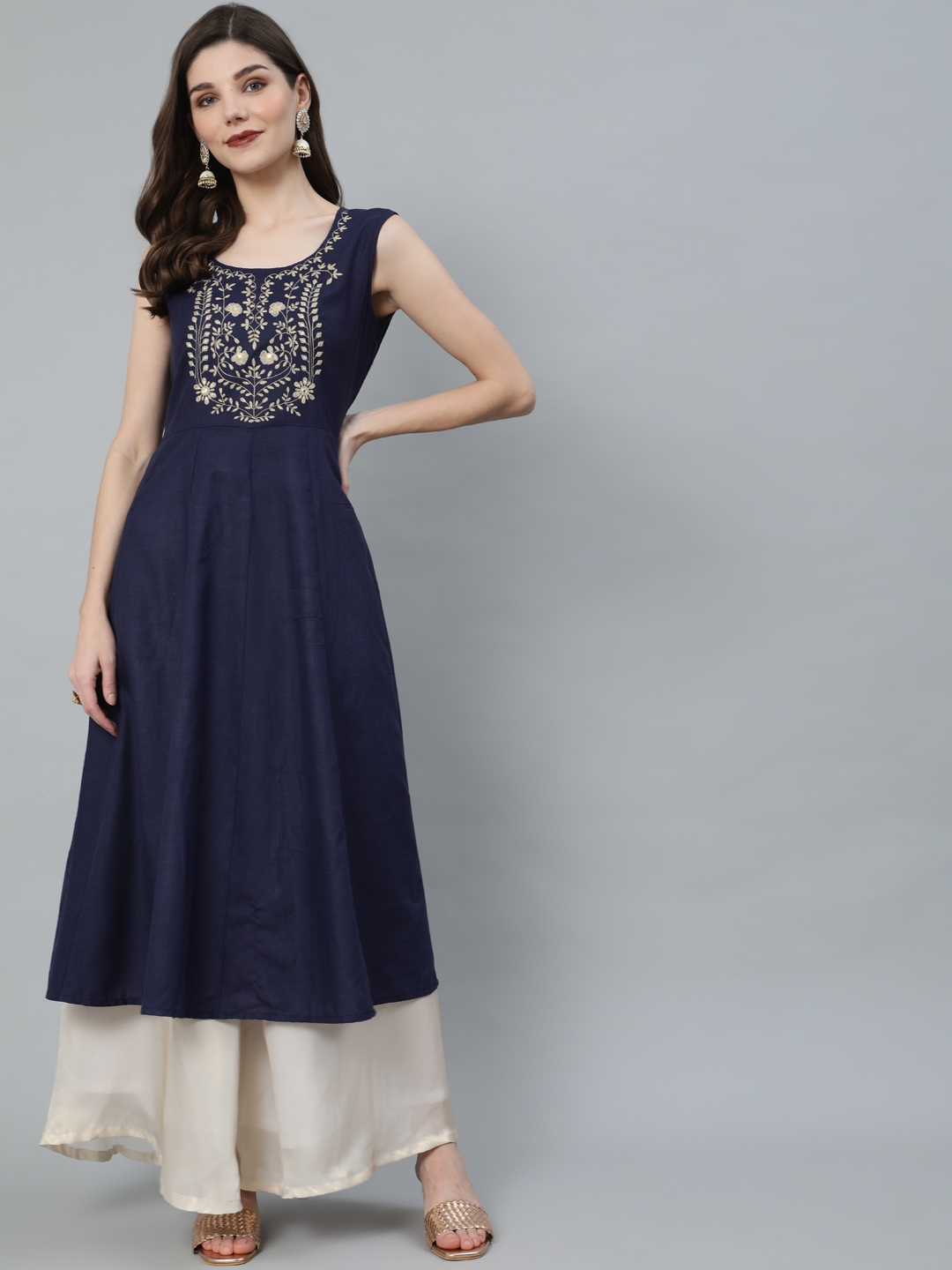 ANTARAN | Navy Blue Embroidered Sleeveless Anarkali 0