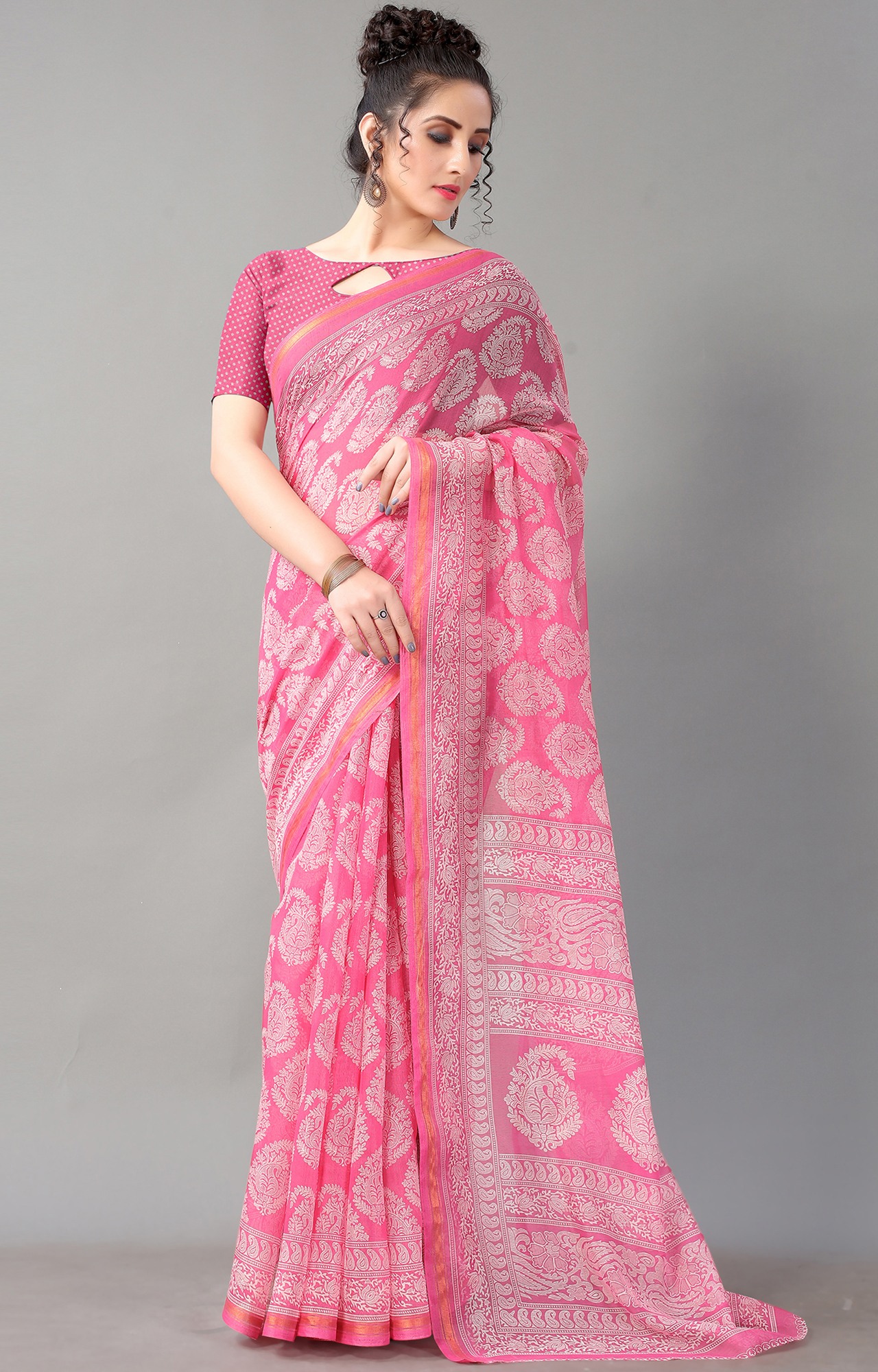 Women Pink Batick Block Print Casual Wear Saree-HAL21CTN00036PNK