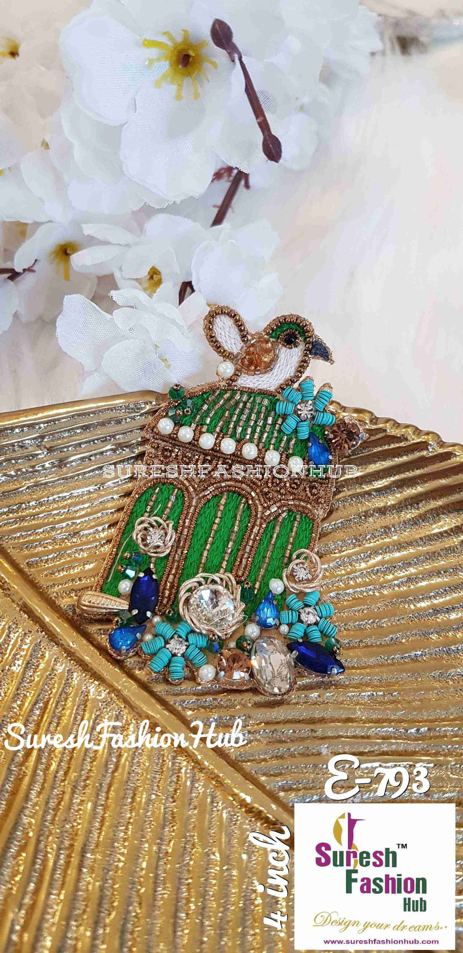 Heavily Embellished Bird Cage Green Color Designer Patch