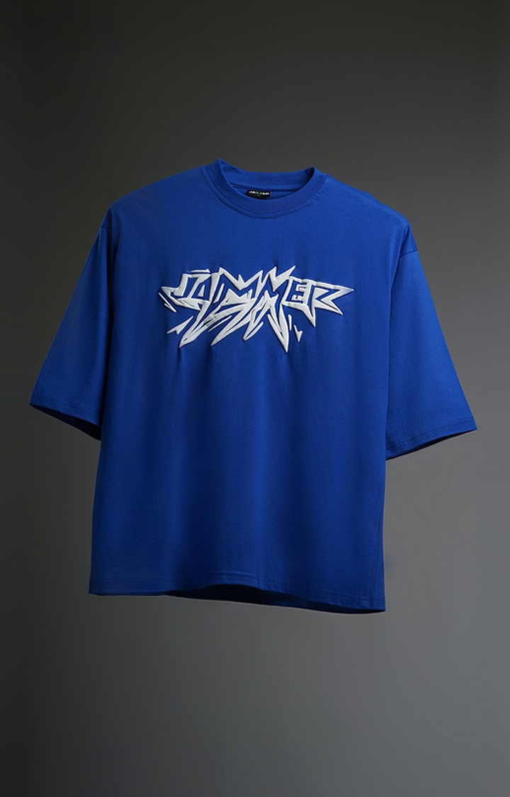 Jammer | Unisex J Basic Blue Typographic Printed Oversized T-Shirt