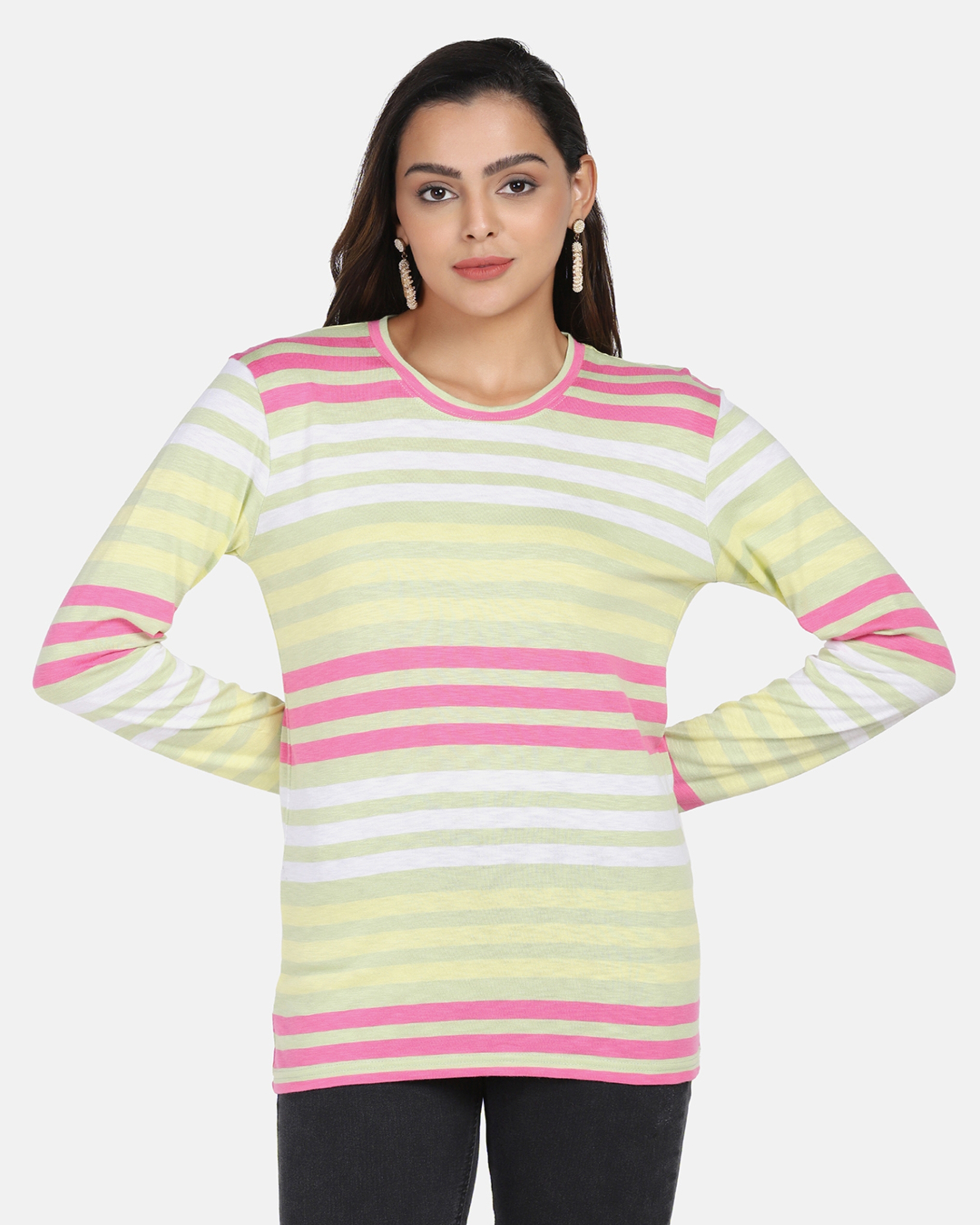 Full Sleeves Pink & Green Striped T Shirt