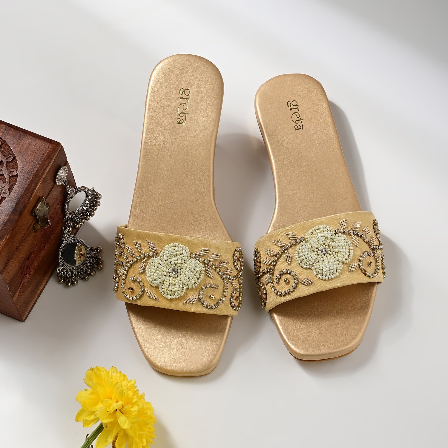 Women's Gold Pearl Accent Embroidered Heel