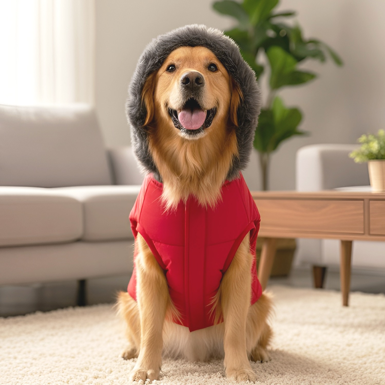 Ezra Fur Winter Jacket for Dogs, Cozy, Ultra Warm, and Water Resistant with Velcro Closure (Red)