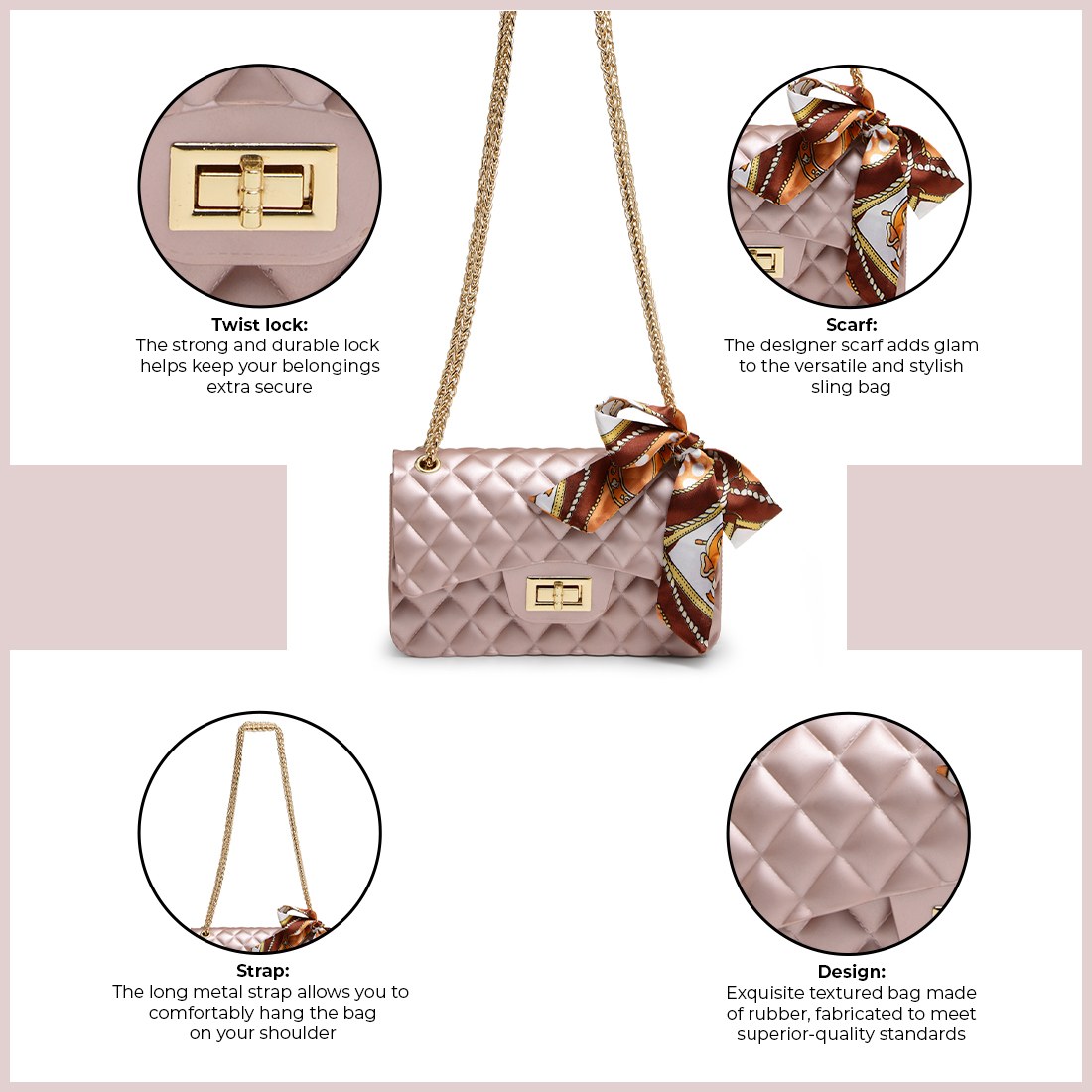 The Haul Factory Nesta Rubber Rose Gold Checkered Patterned Shoulder Sling Bag with Designer Scarf For Women