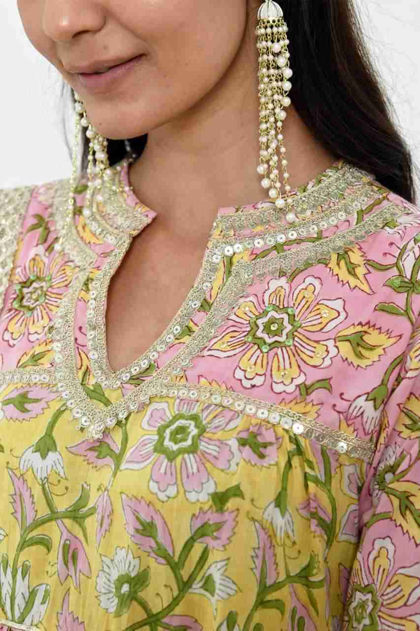 Naksh Pink And Yellow Kurta, Pants & Double Shaded Dupatta (Set of 3)
