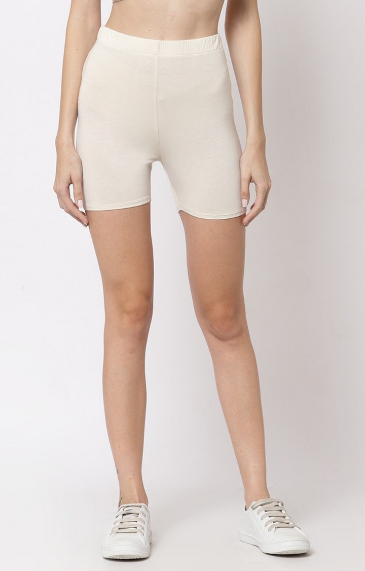 YOONOY | Women's Cream Lycra Solid Shorts