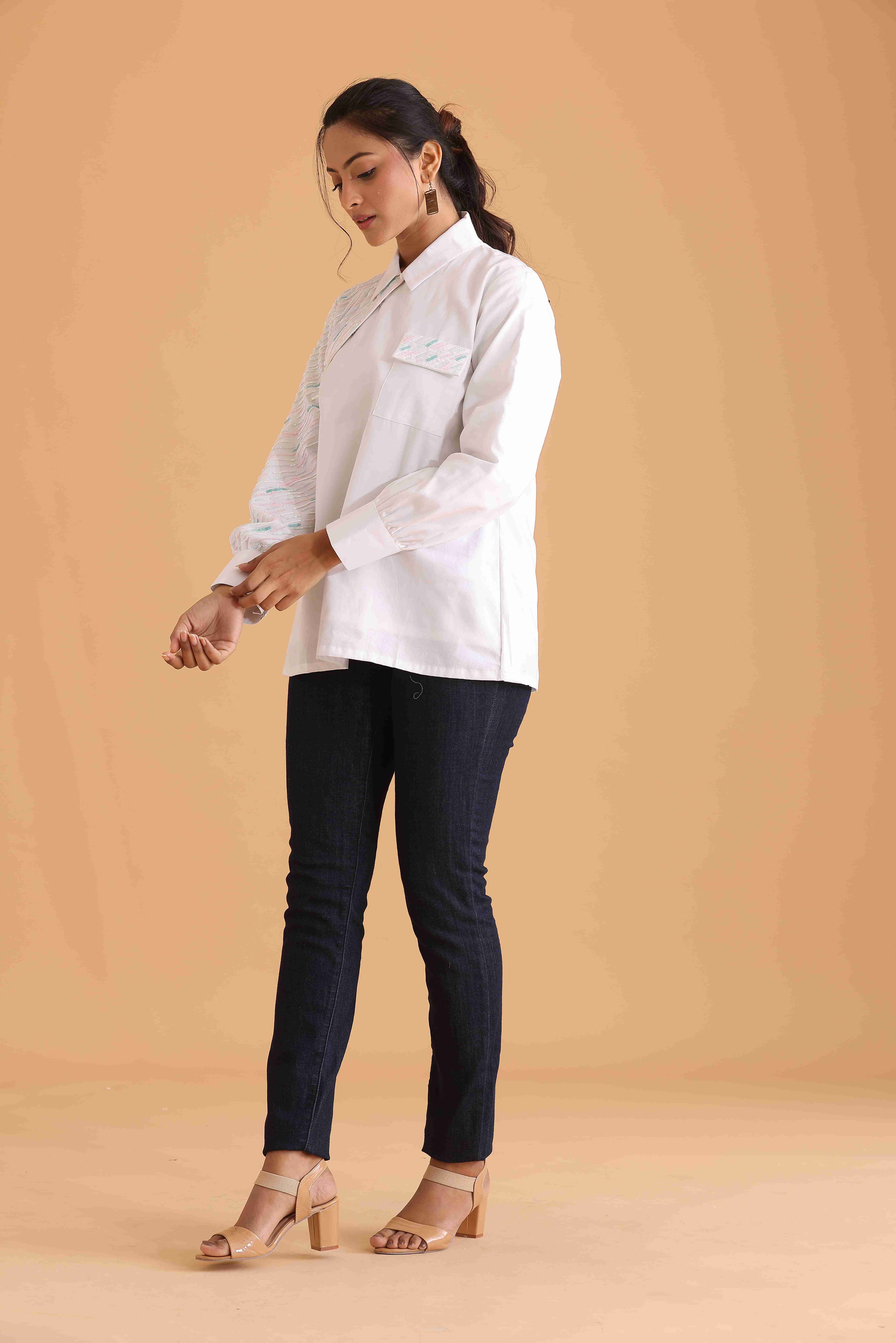 Asymmetric shirt with Textured Embellished Sleeve