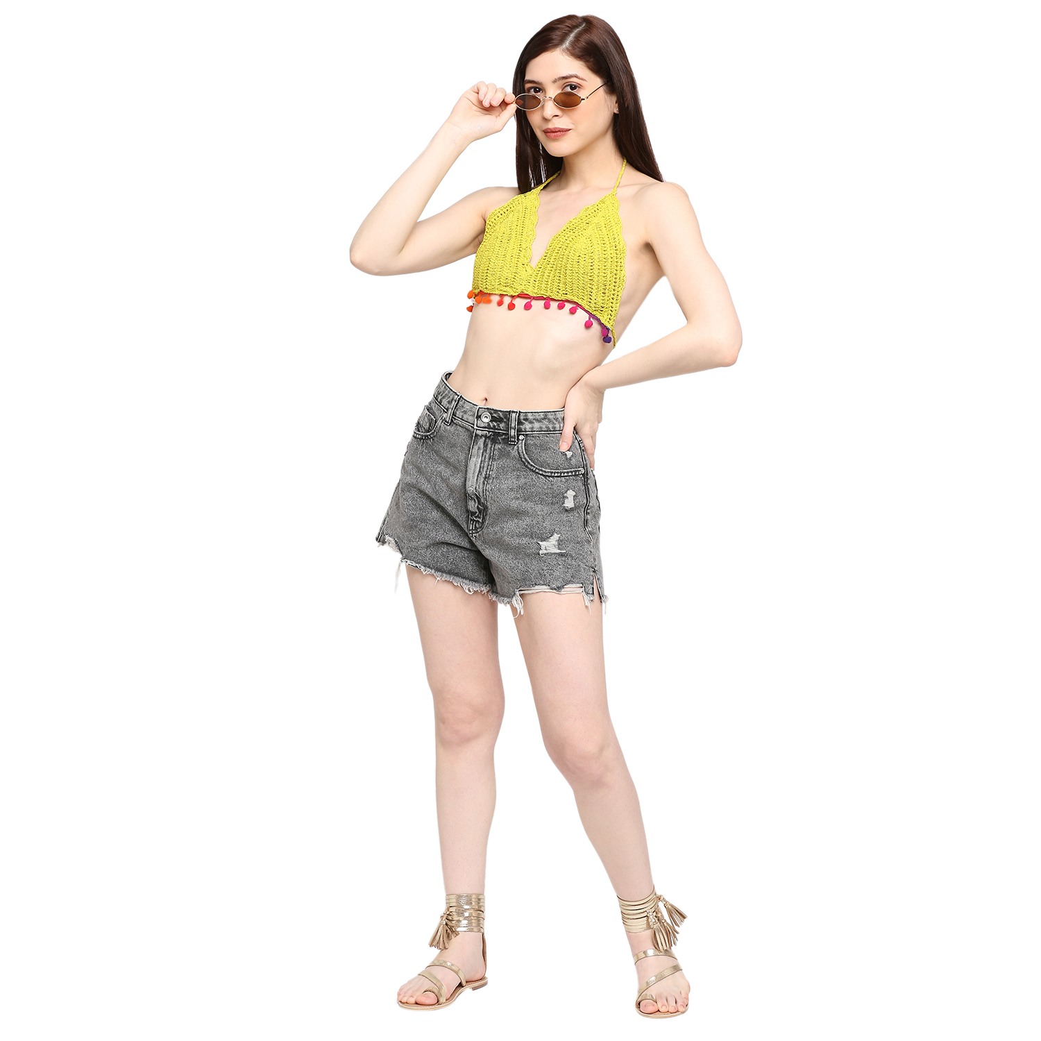 Smarty Pants women's pom pom lace crochet lime green color beach bikini bra.