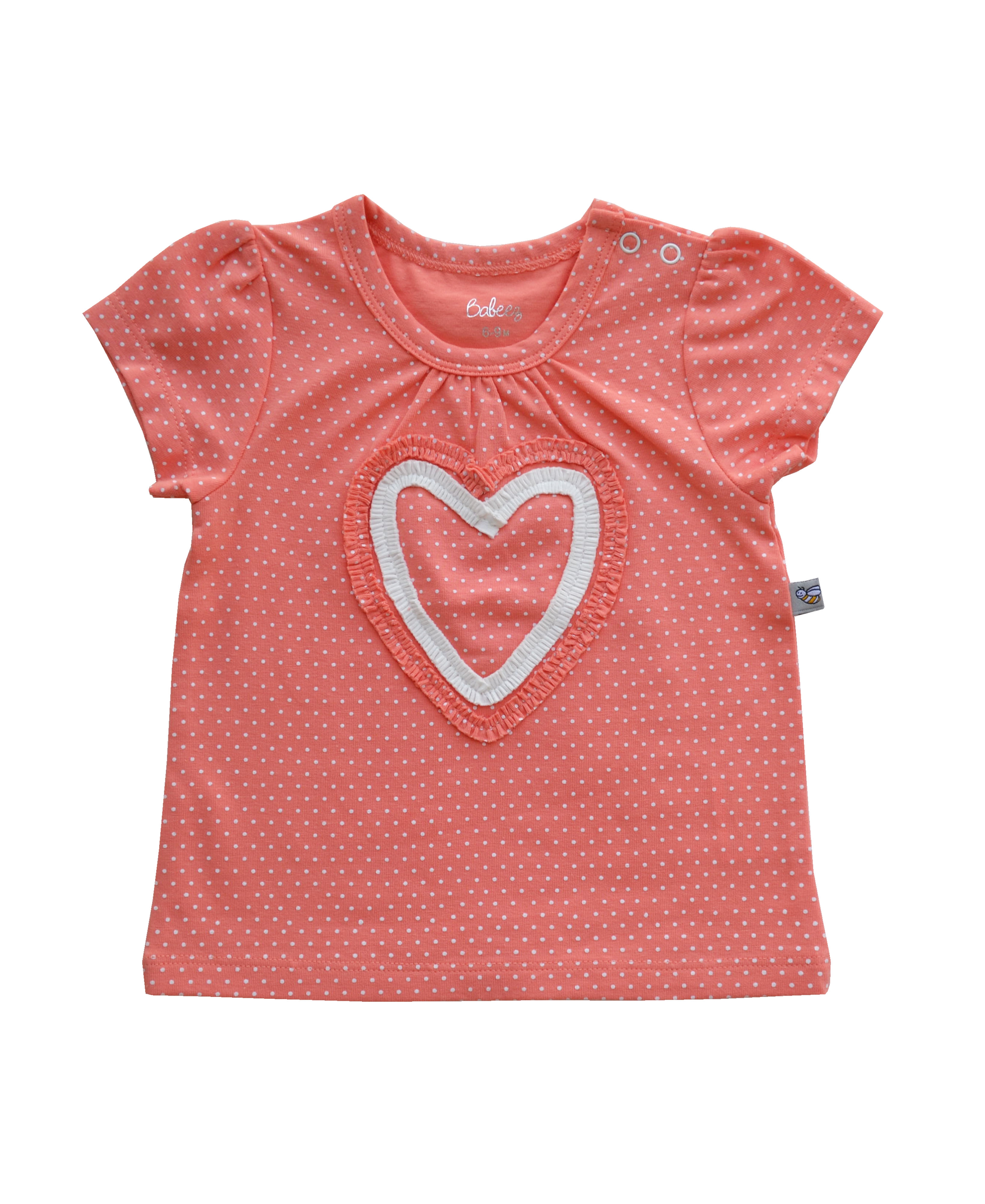 Babeez | Allover White Dots Print on Orange Short Sleeves Top with Heart Applique (95% Cotton 5% Elasthan) undefined