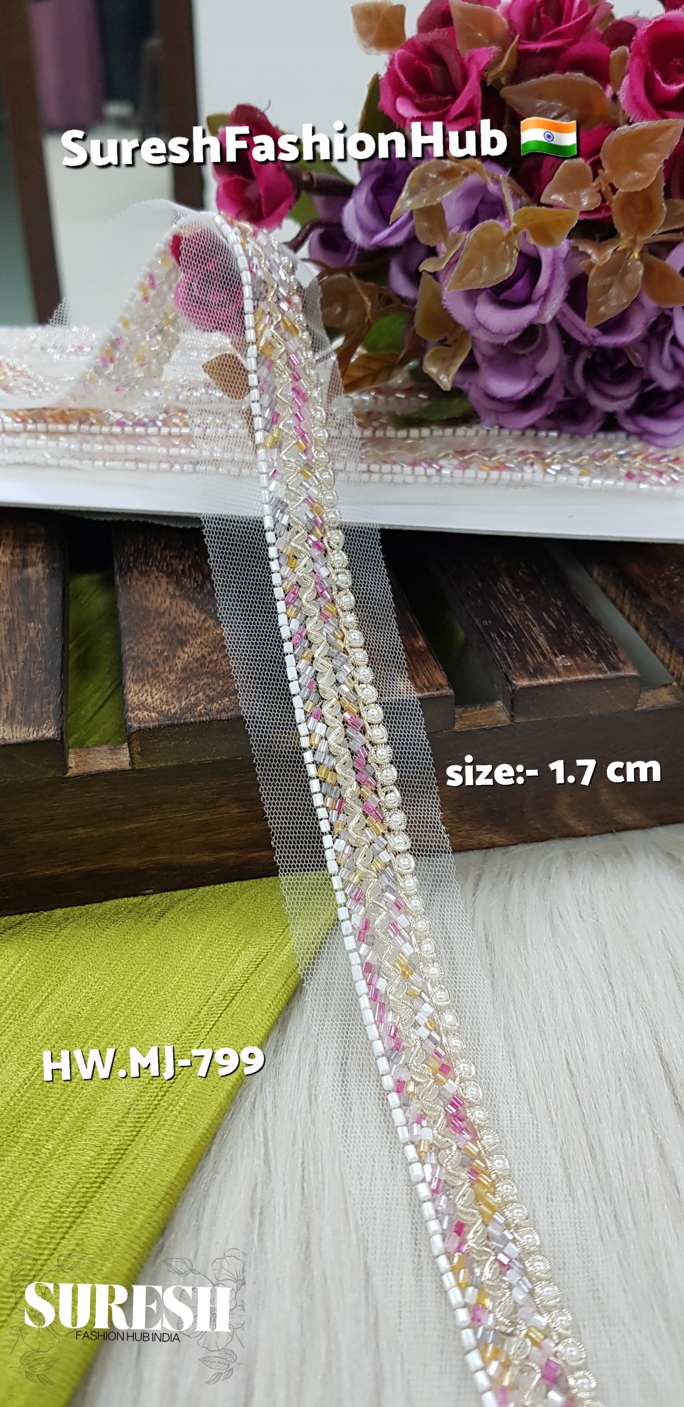 Pearl with Multi Cutdana Handmade Net Embroidery Lace – MJ-799
