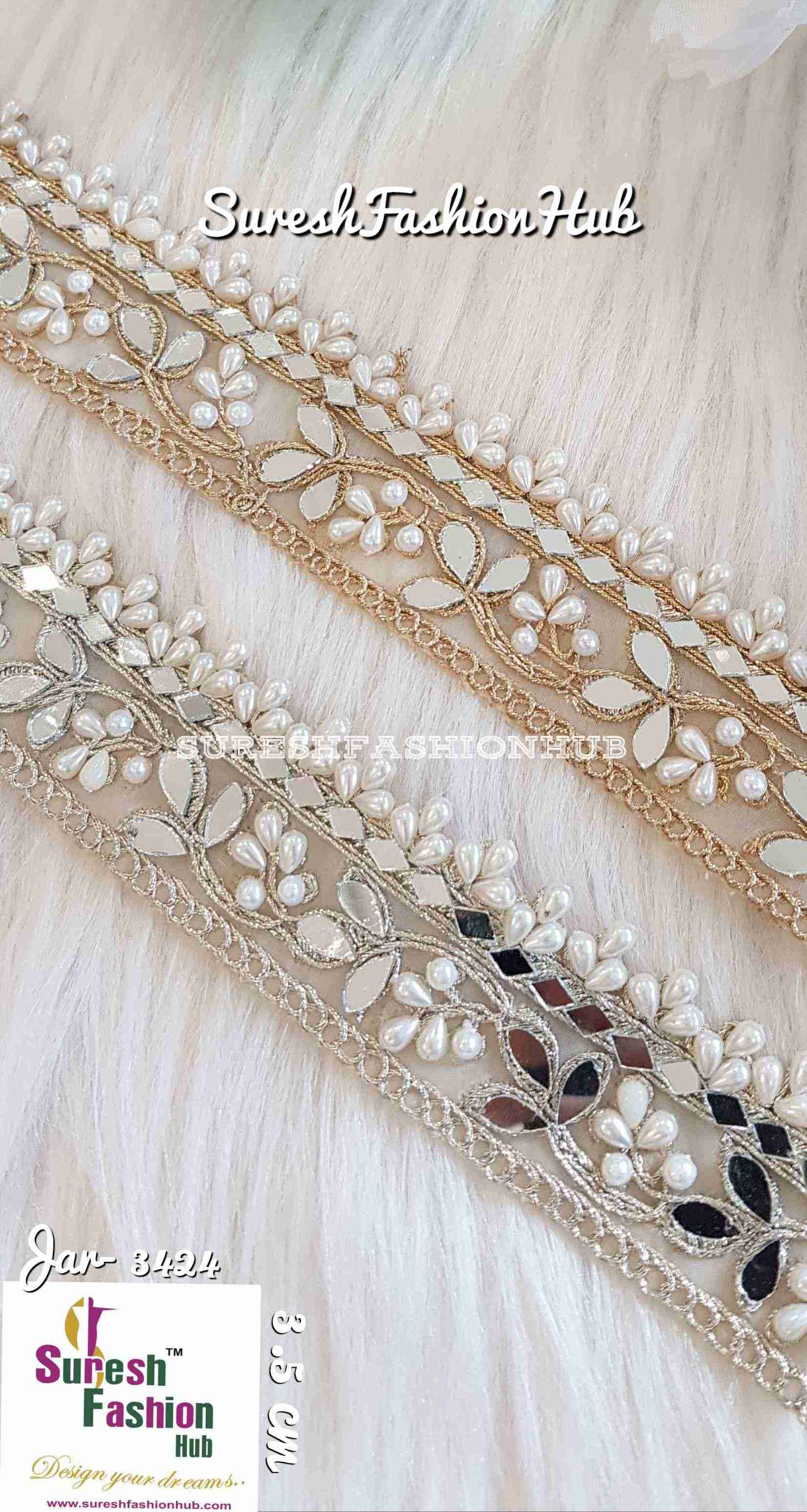 Tiny Mirror Leaves With Pearls And Beads Golden Designer Trim