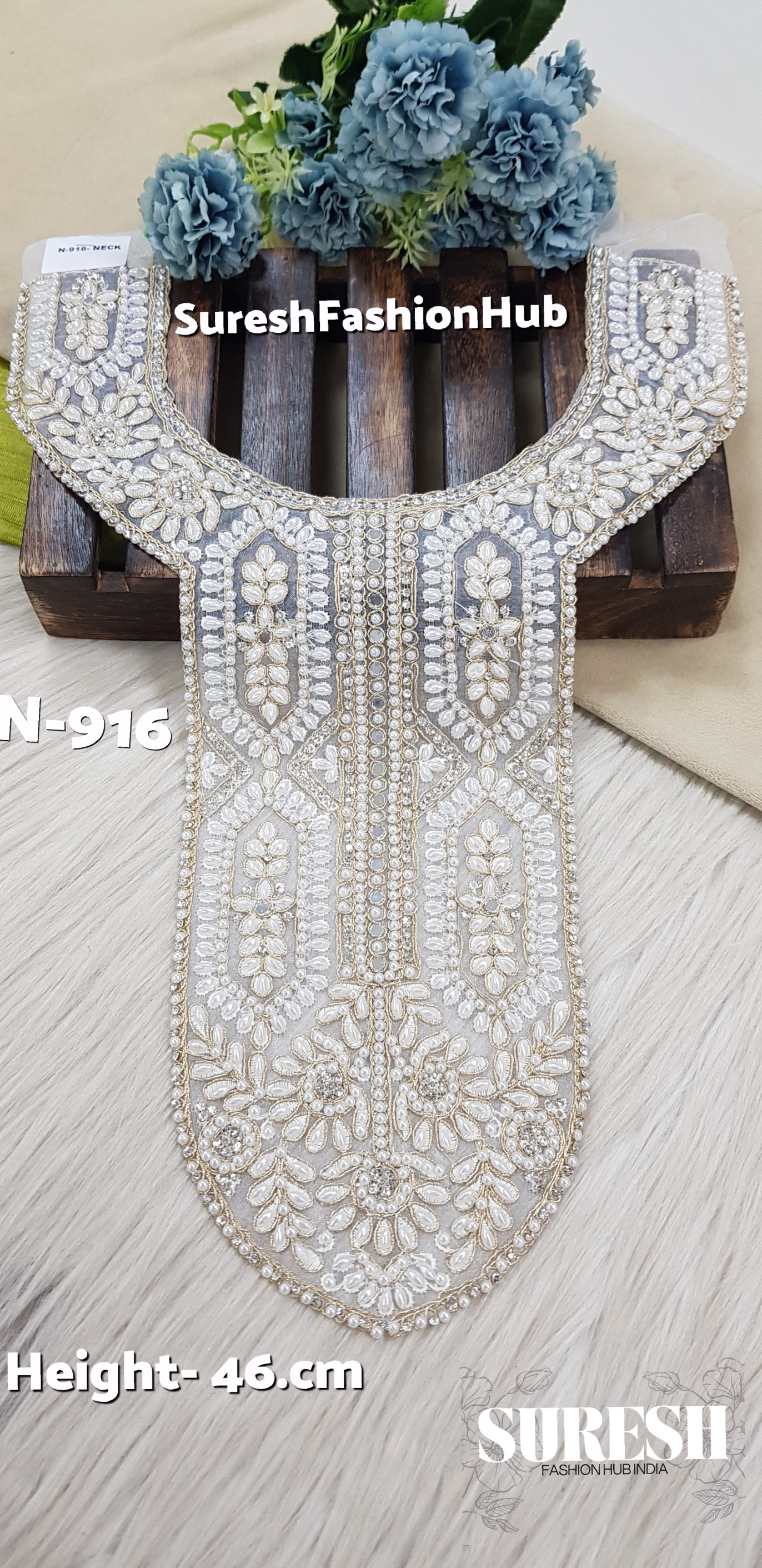 N-916 Off White Pearl Floral Organza Neck Design