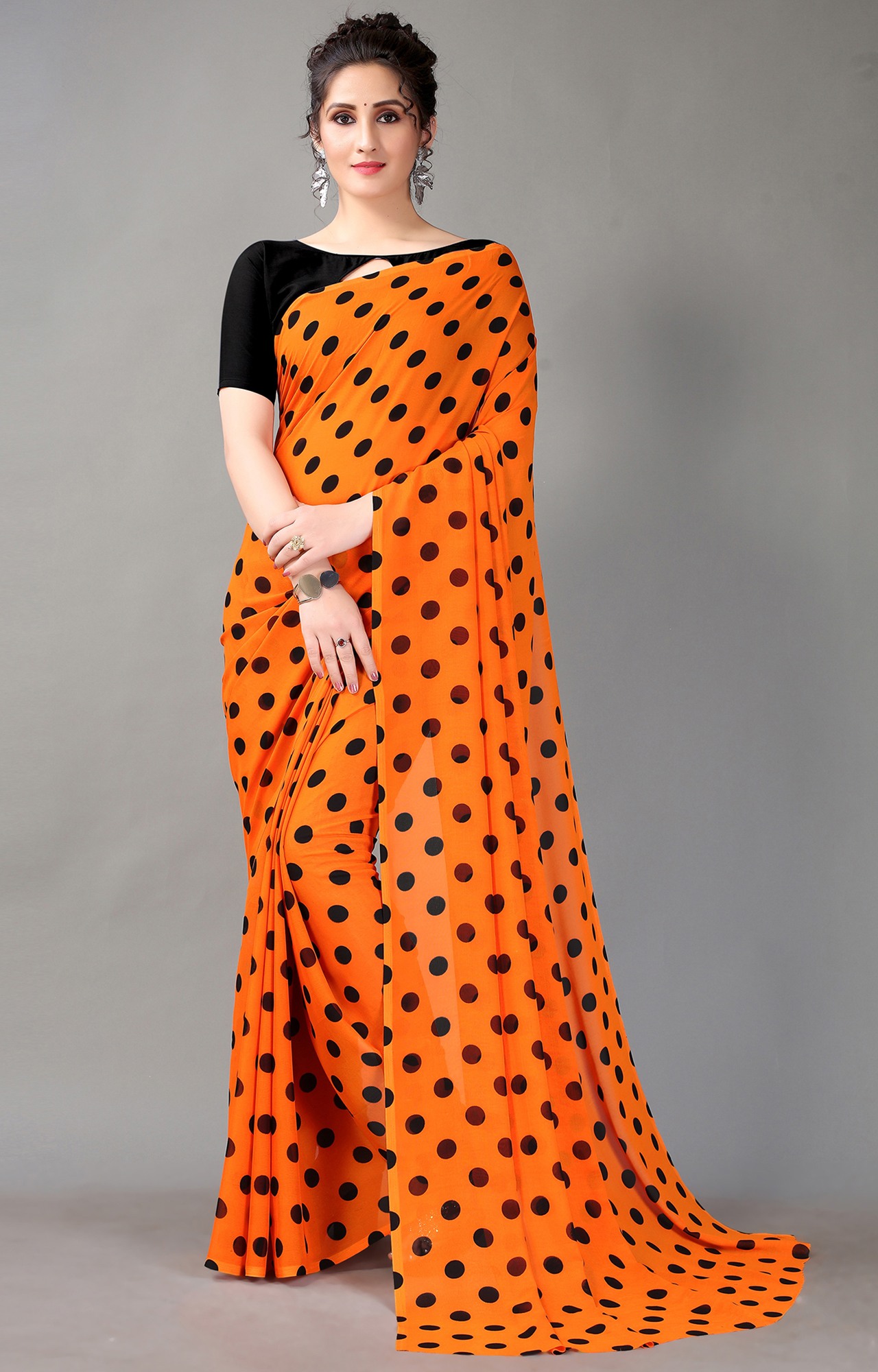 Women's Orange Poly Georgette Polka Dot/Geometric Print Saree-HAL23RYN00043ORNG