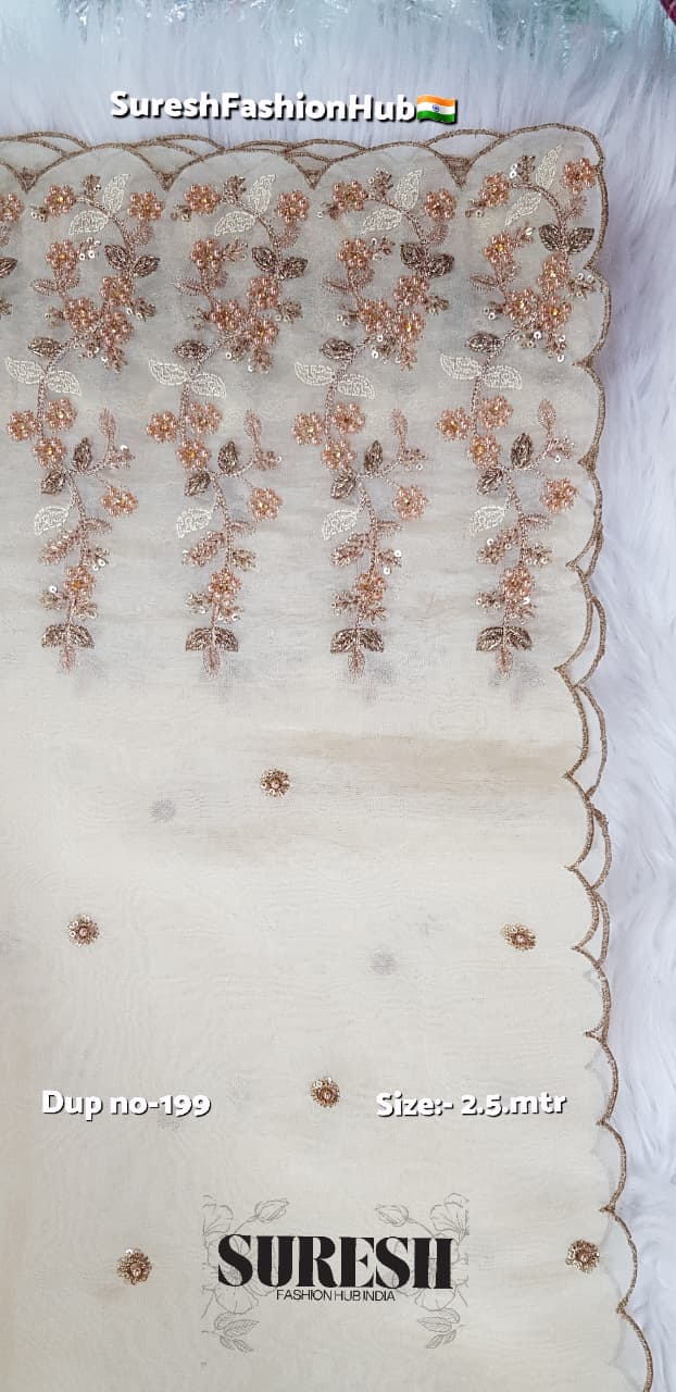 Cream Yellow Antique Zari Floral Organza Dupatta-199