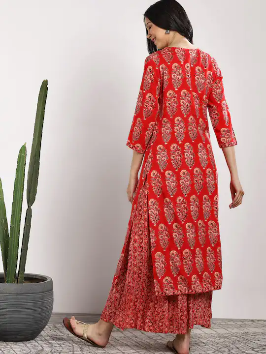 Women Red Printed Kurta with Palazzos