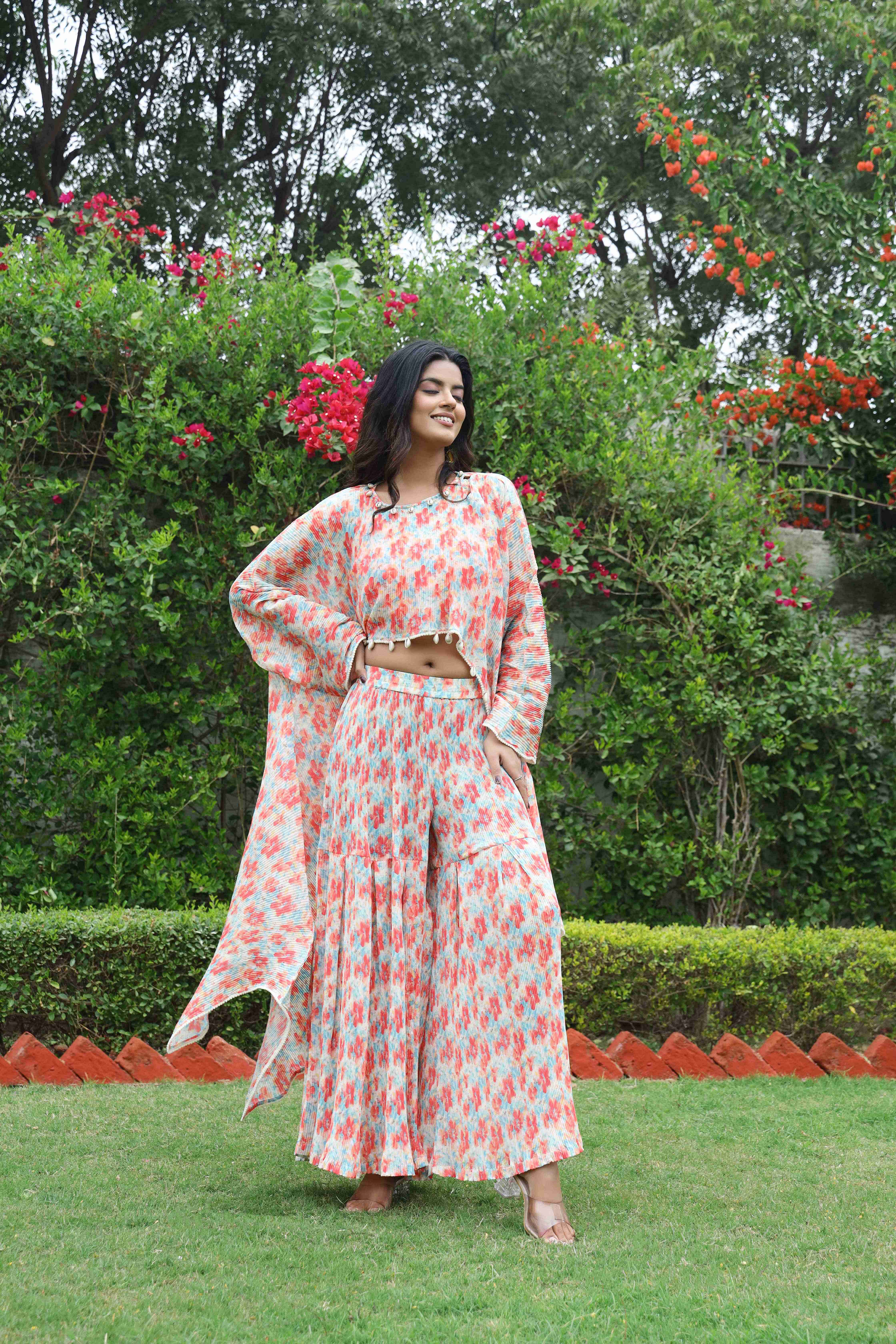 Women's Printed Embroidered kaftan top with sharara