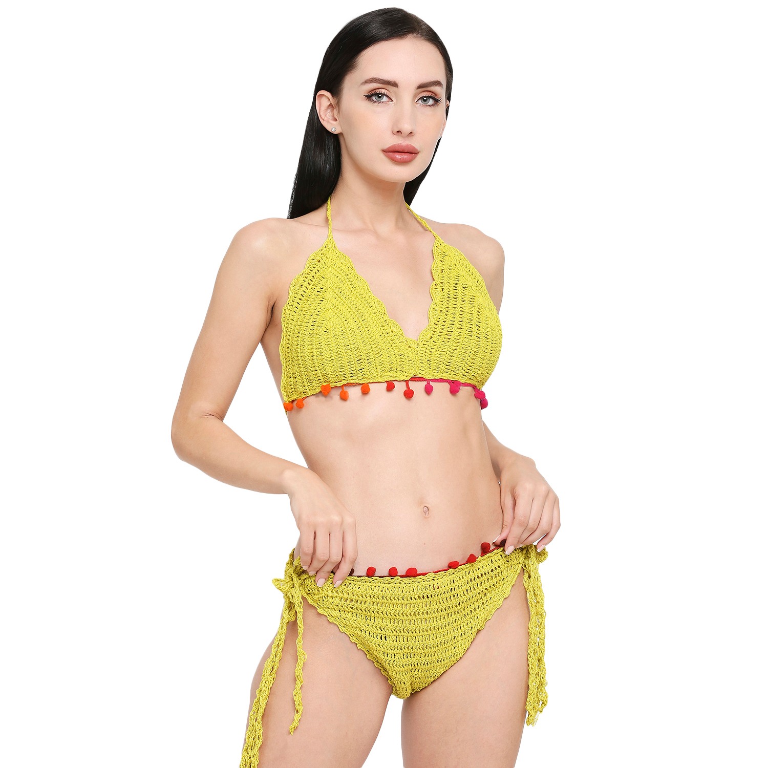 Smarty Pants women's pom pom lace crochet lime green color bikini .