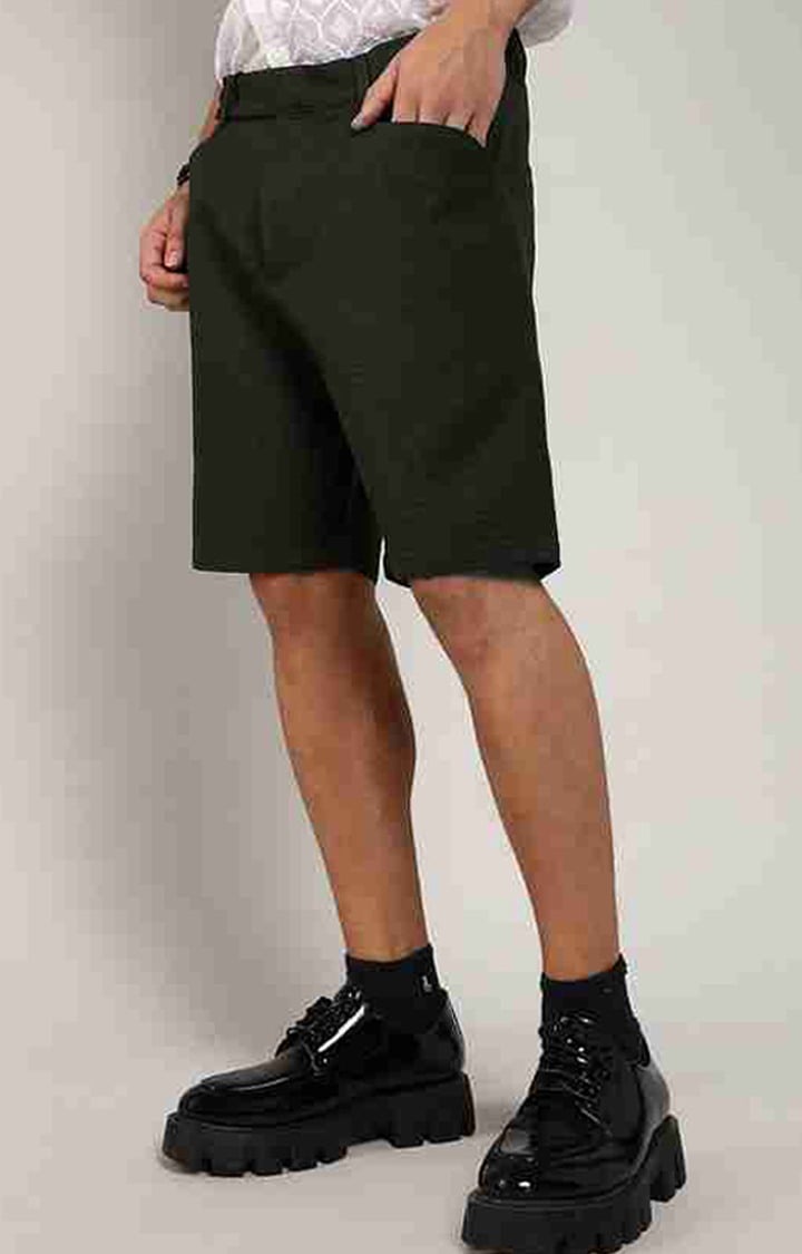 Men's Army Green Solid Polyester Shorts