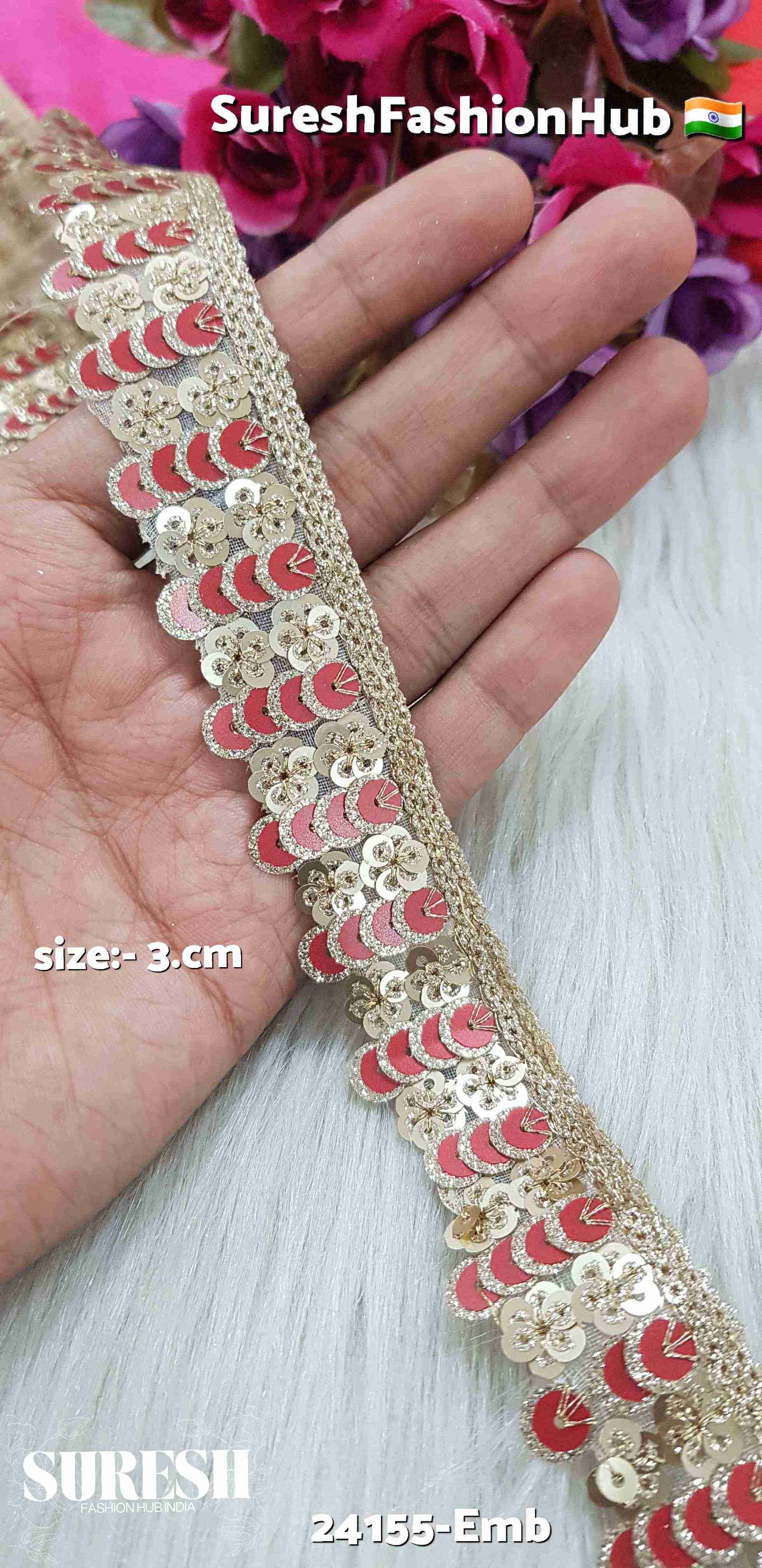 Crimson Red Flame Multi-Sequence Floral Organza Lace