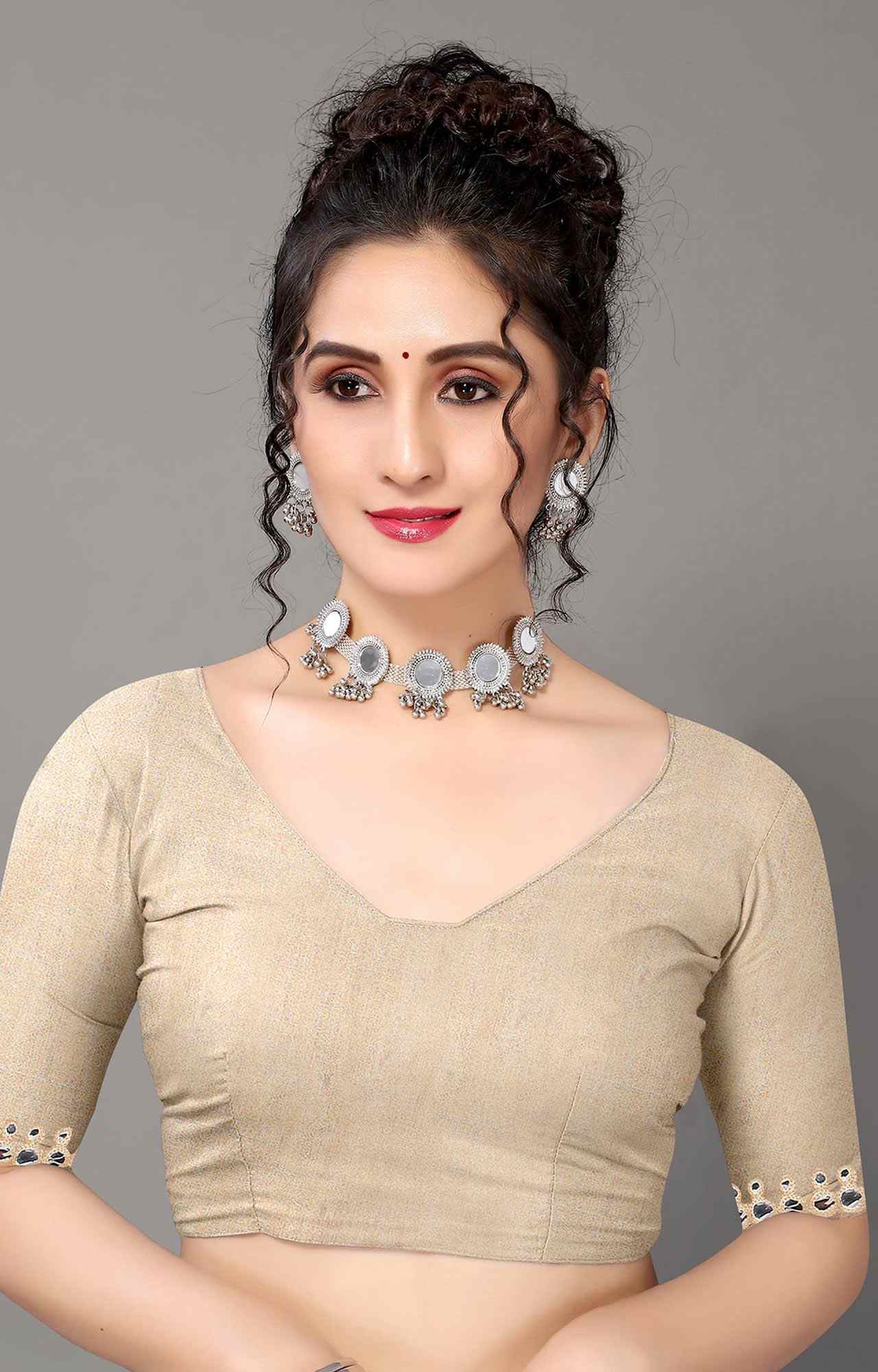 Women Cream Solid Georgette Saree with Mirror Work Border - HA_VASTRA_CREAM