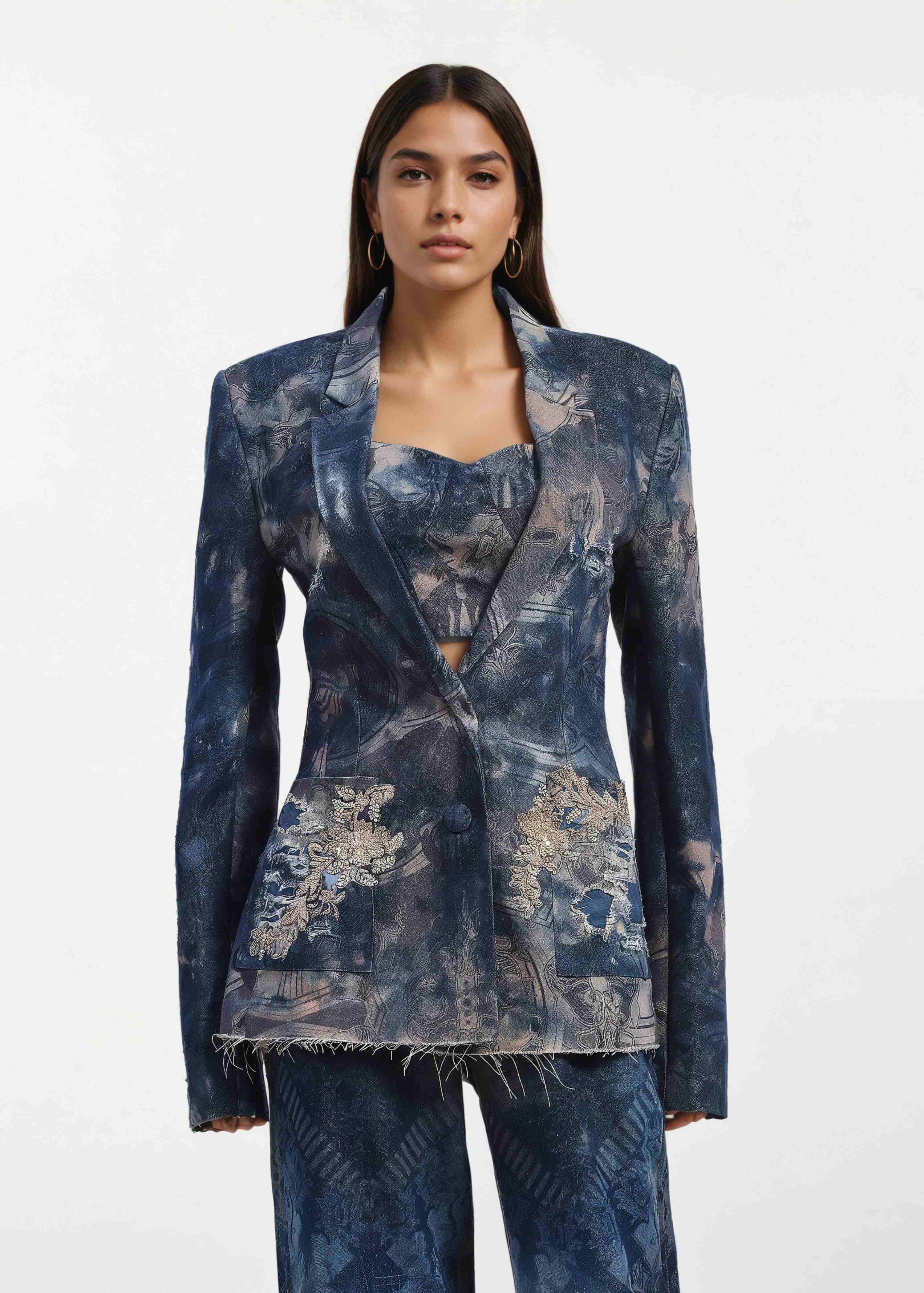 AKOK Blue Cotton Blazer with Pant & Crop Top Co-ords