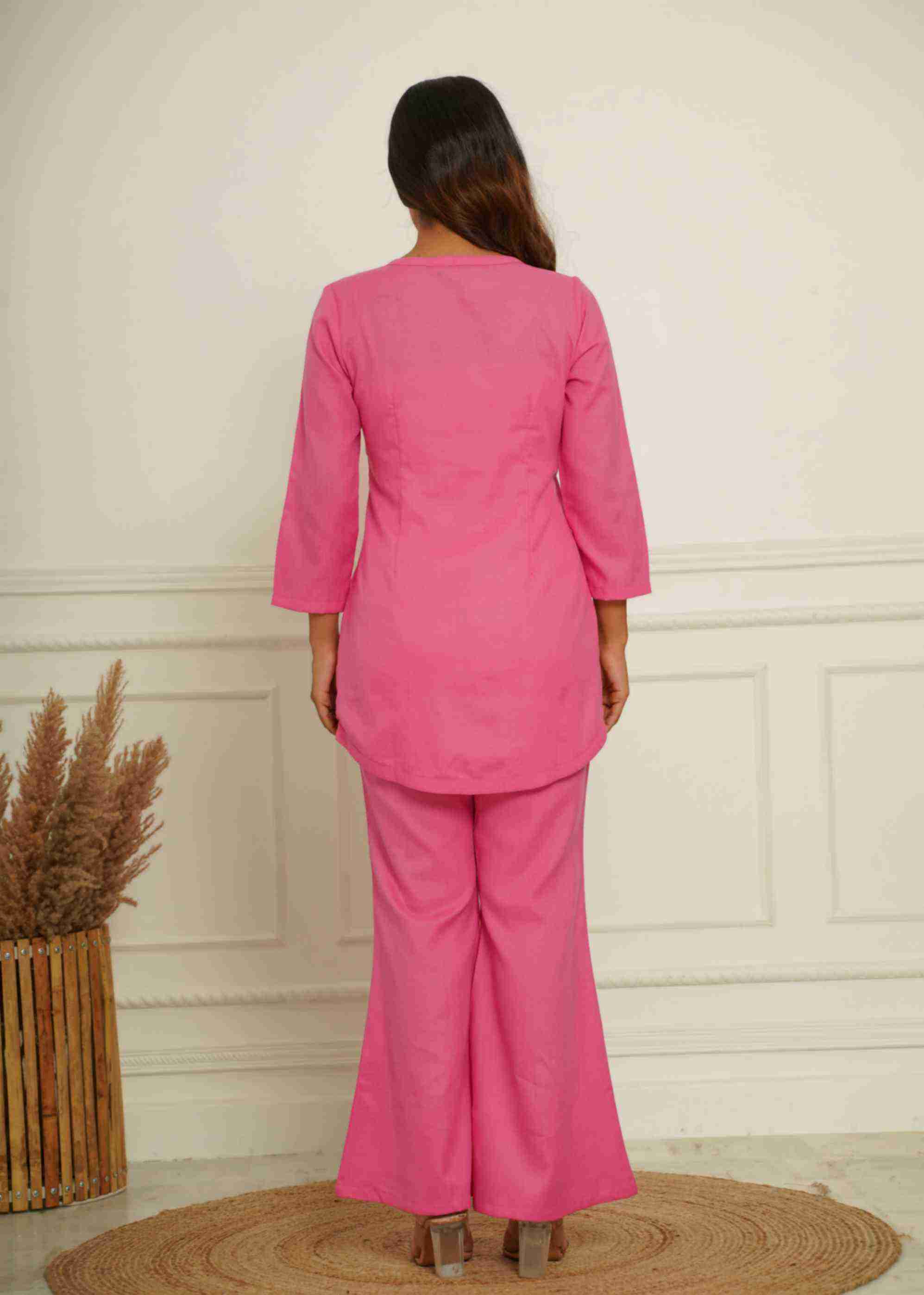 PINK COTTON BLEND EMBRODIERED CO-ORD SET