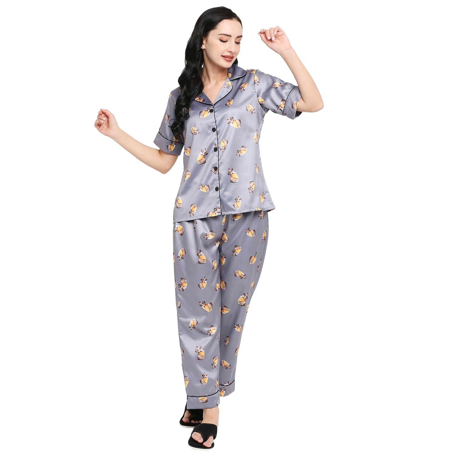 Smarty Pants women's silk satin grey color dog printed night suit.