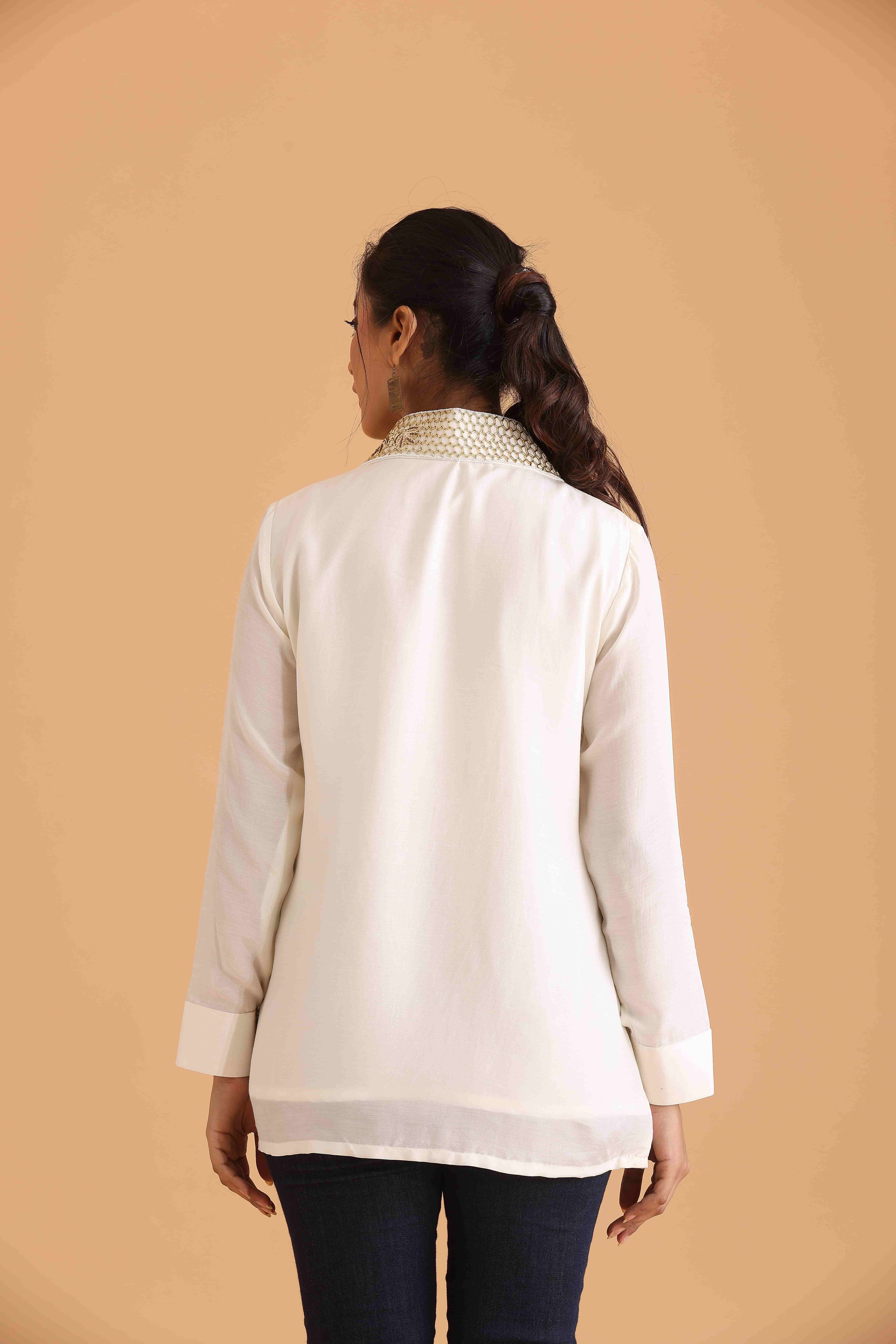 White Shirt with Bee and Pearl Embellishments