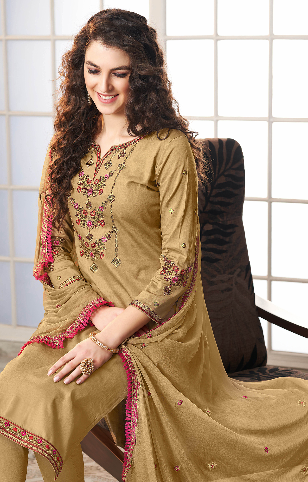 Beige Color Cotton Embroidered Unstitched Dress Material-FL_PANKHUDI1097_DM