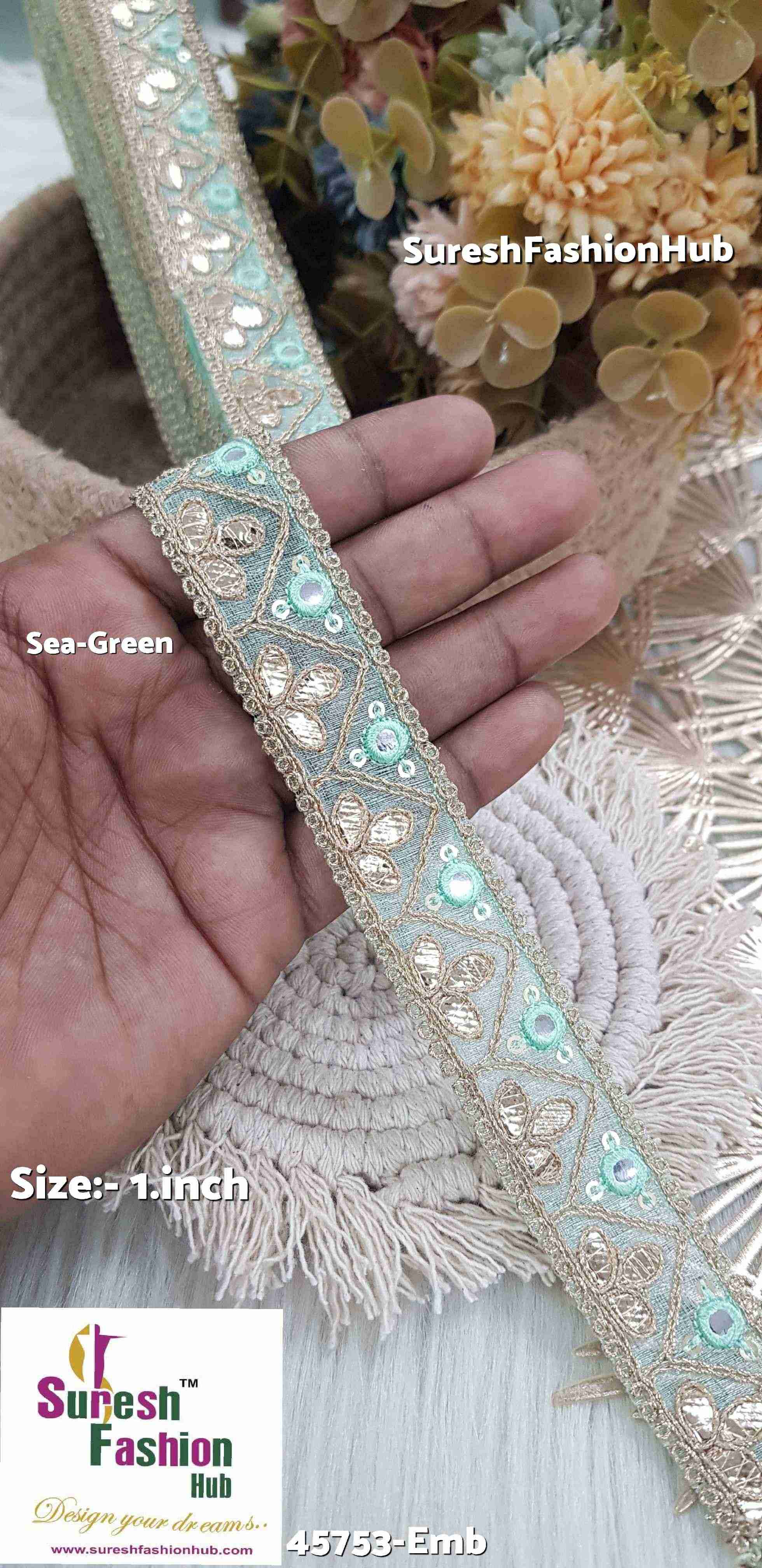 Glimmering Gota and Mirror Embroidered Sea Green Organza Lace