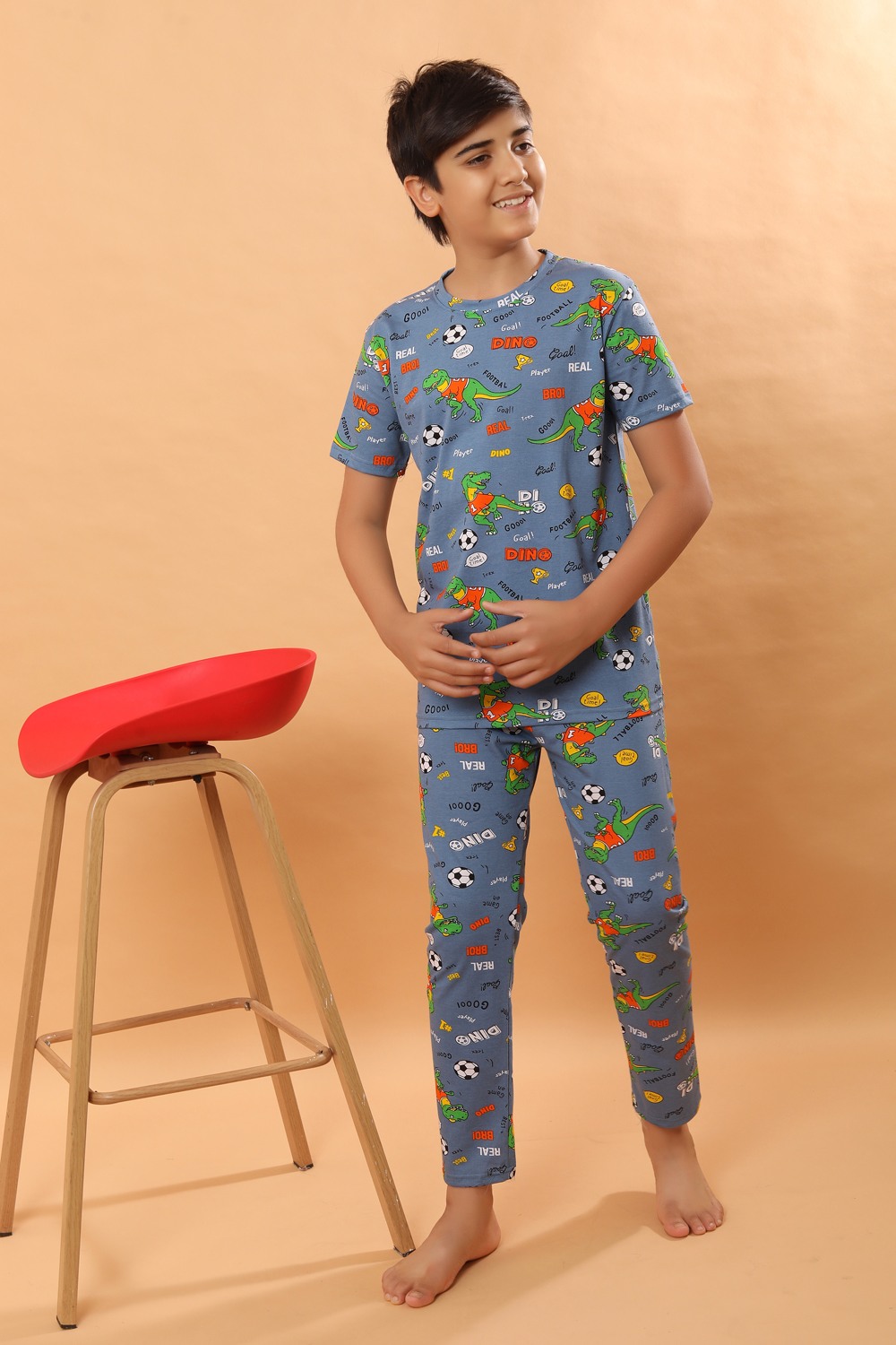 Ninos Dreams Boys Dino Print 100 % Cotton Knit Half sleeves Coord Set with T-Shirt & Lower-Grey