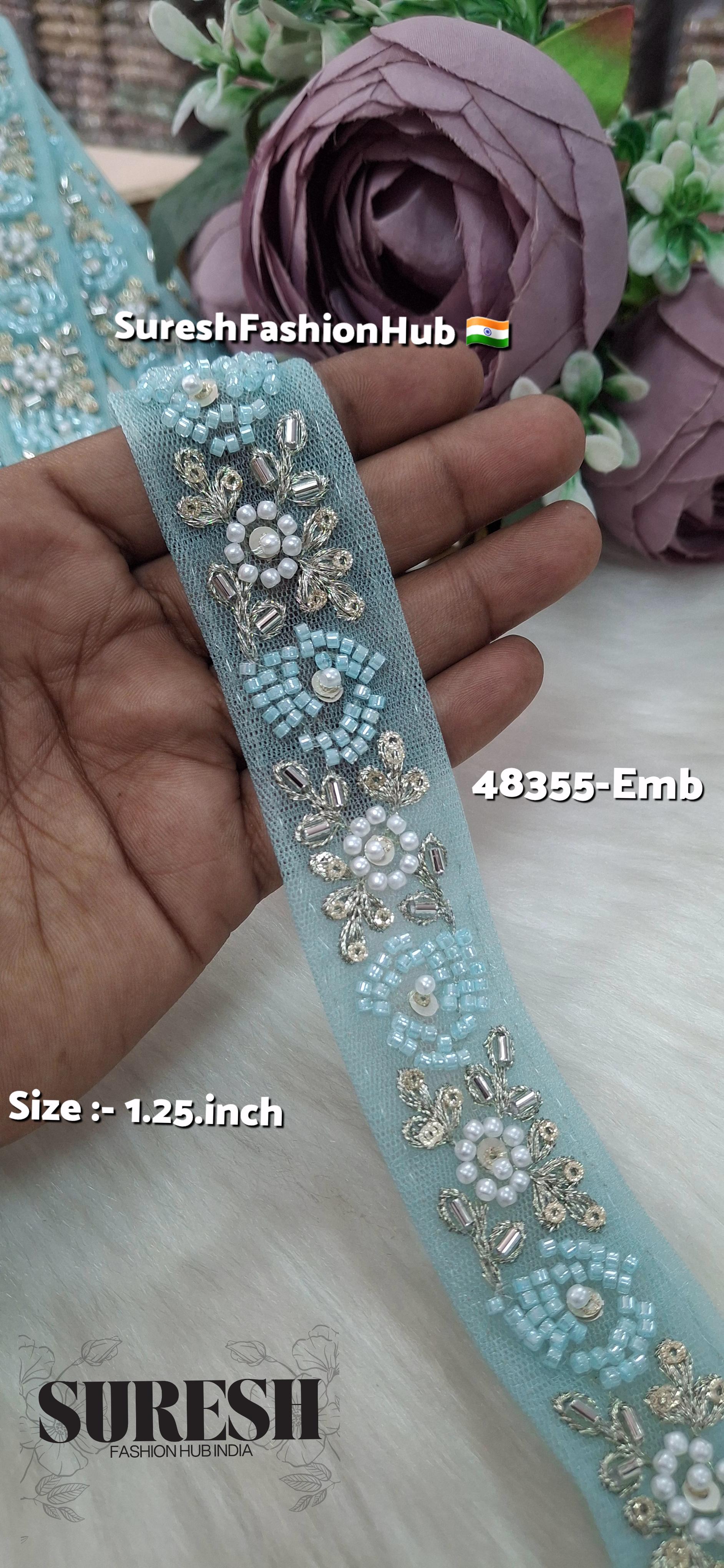 Aqua Beaded Bloom Net Embroidered Lace