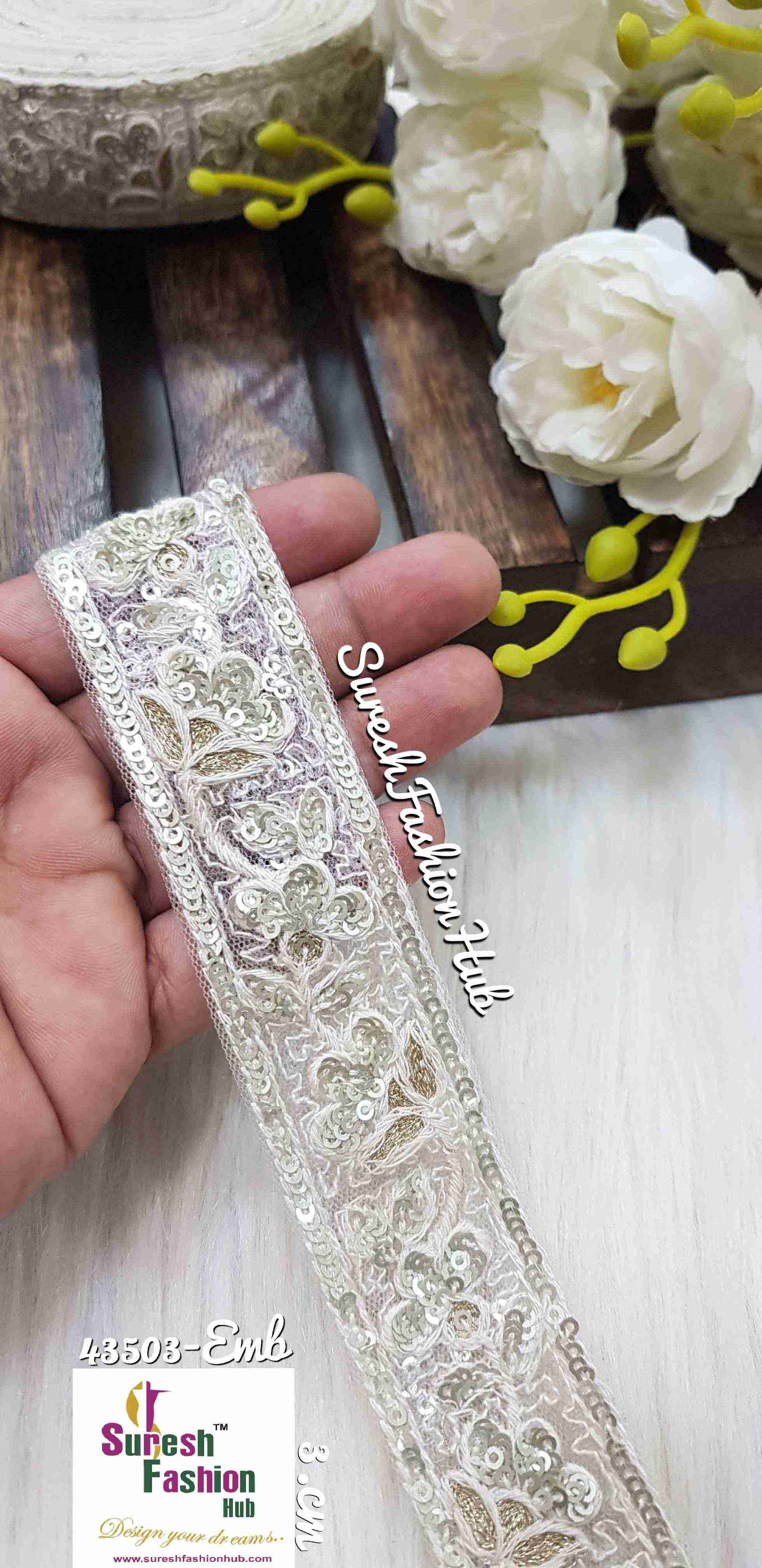 Gold Zari Web with White  Sequence Shine Net Embroidered Trim