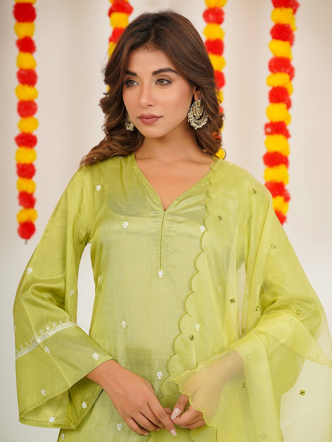 v neck embroidered kurta -pant with embroidered duptta