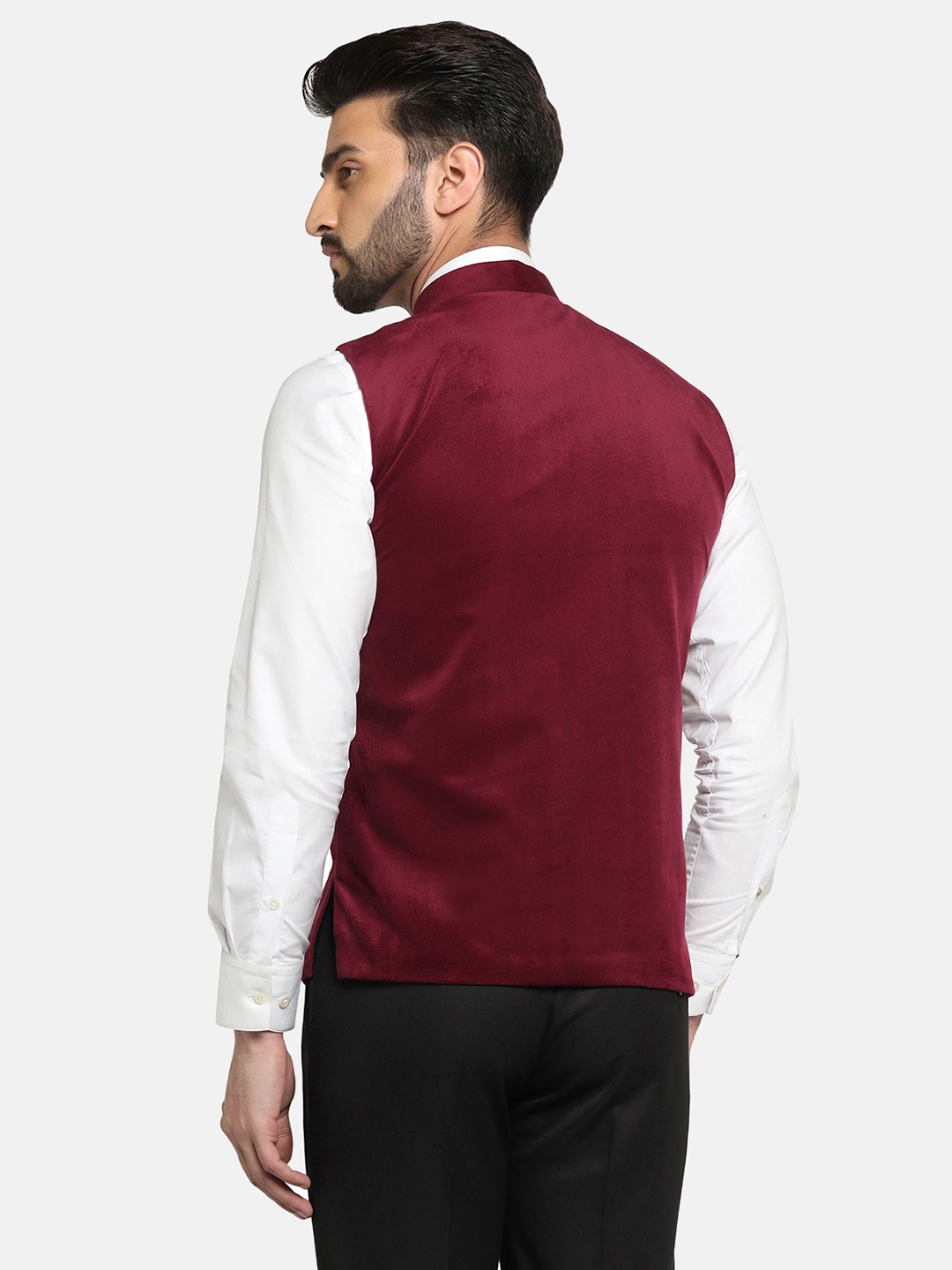 SHOWOFF Men's Solid Mandarin Collar Burgundy Nehru Jacket