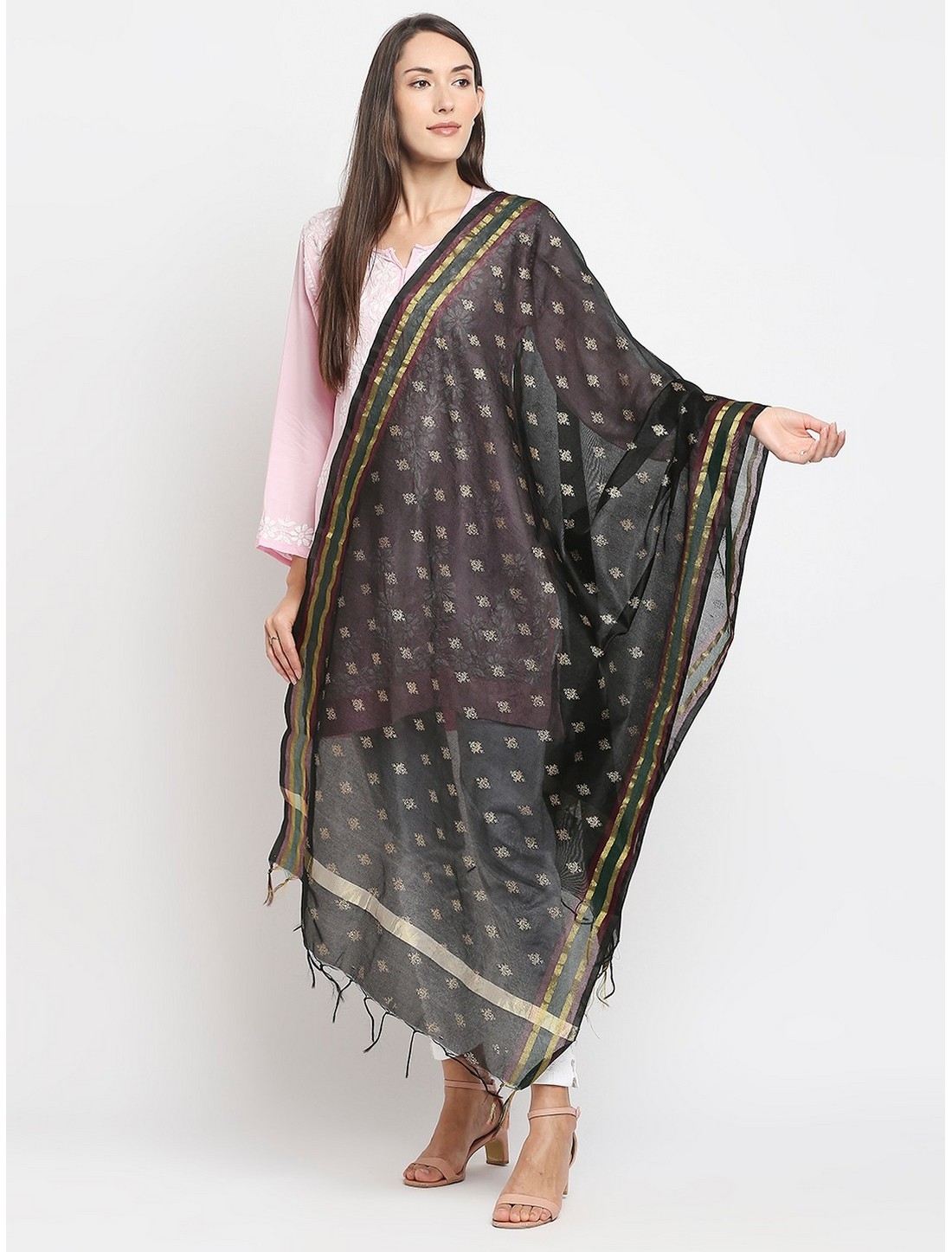 Get Wrapped | Get Wrapped Black Foil Printed Dupatta with Borders  for Women 0