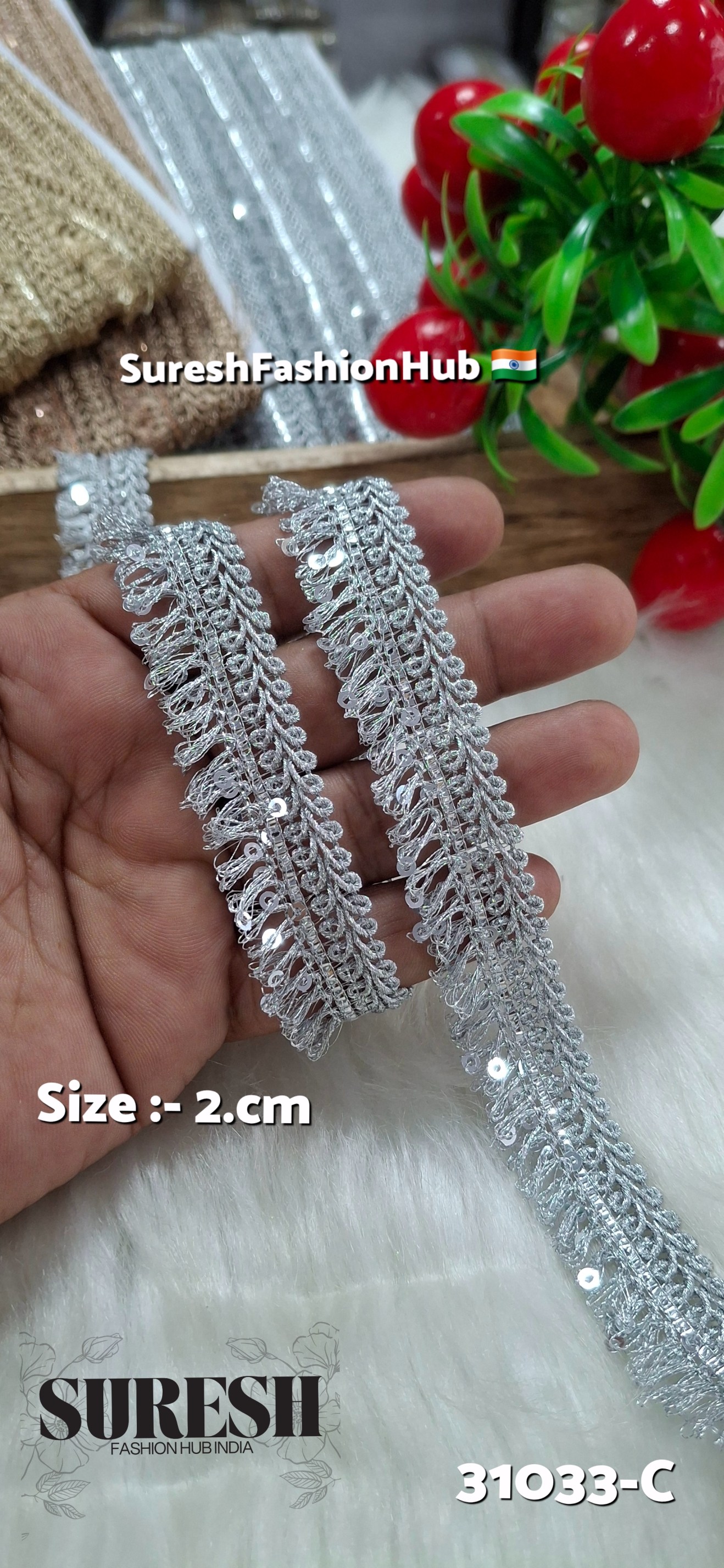 Silver Jhalar Zari Sequin Fringe Lace – Design No. 31033-C