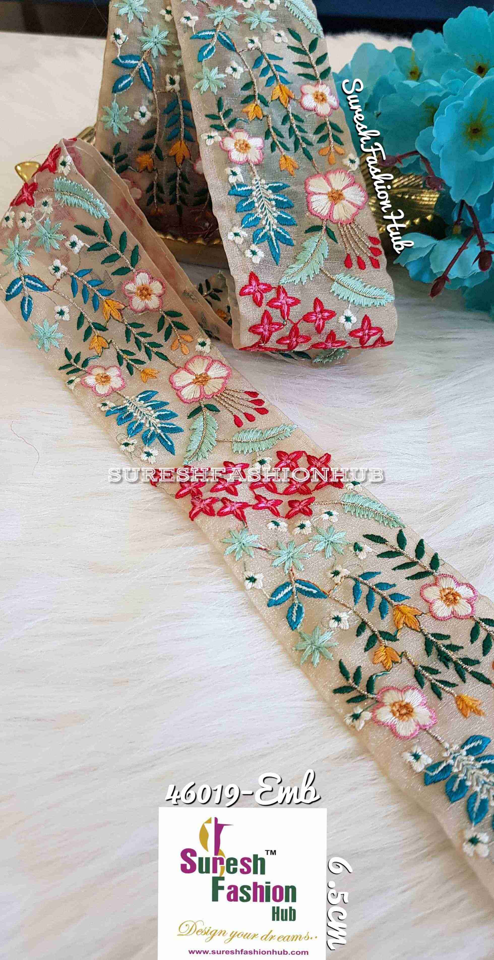 Threaded Floral Whisper Mix Of Blue & Red Colors Designer Trim