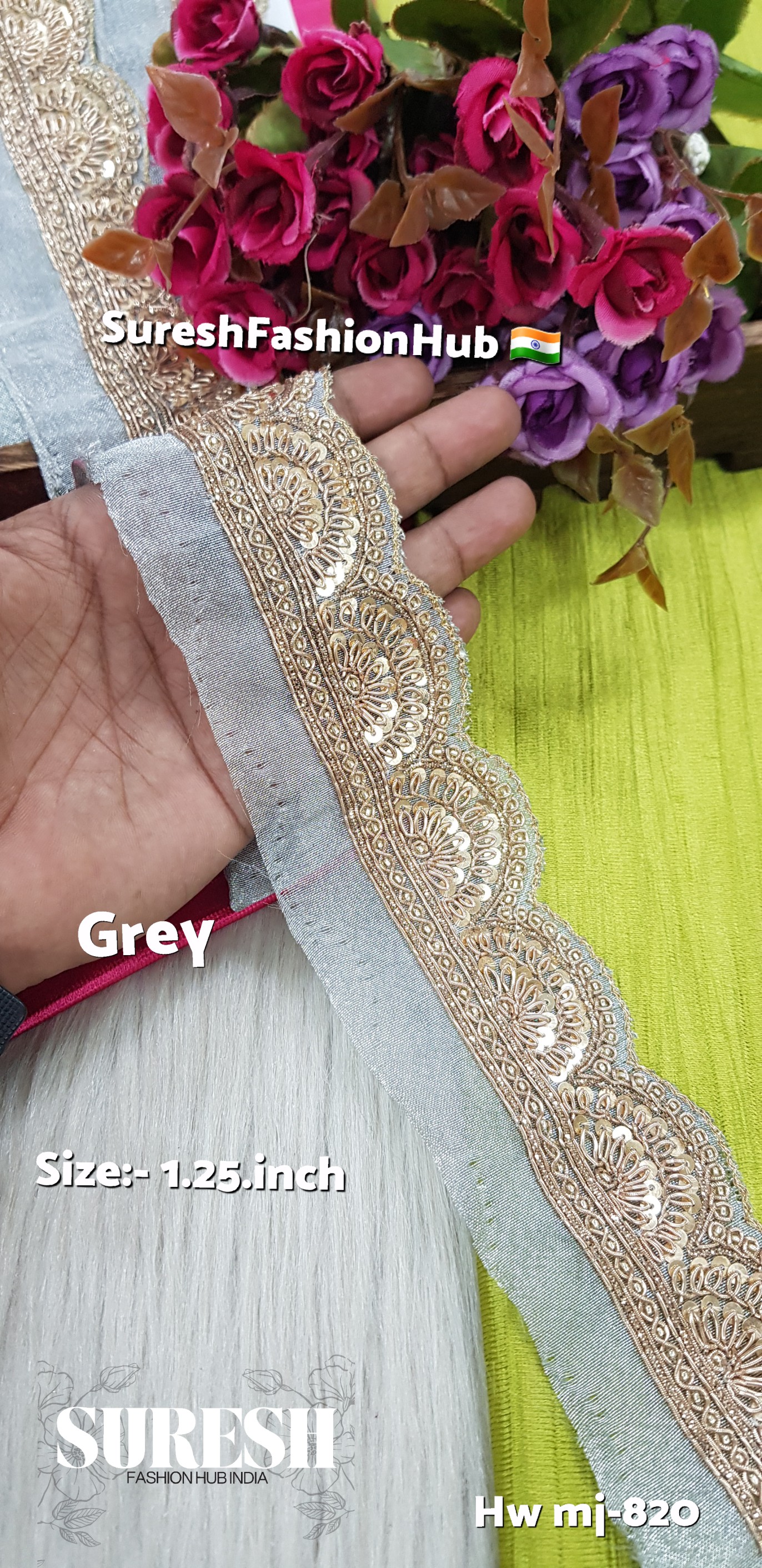 Mj-820 Grey Handmade Zardosi Organza Lace
